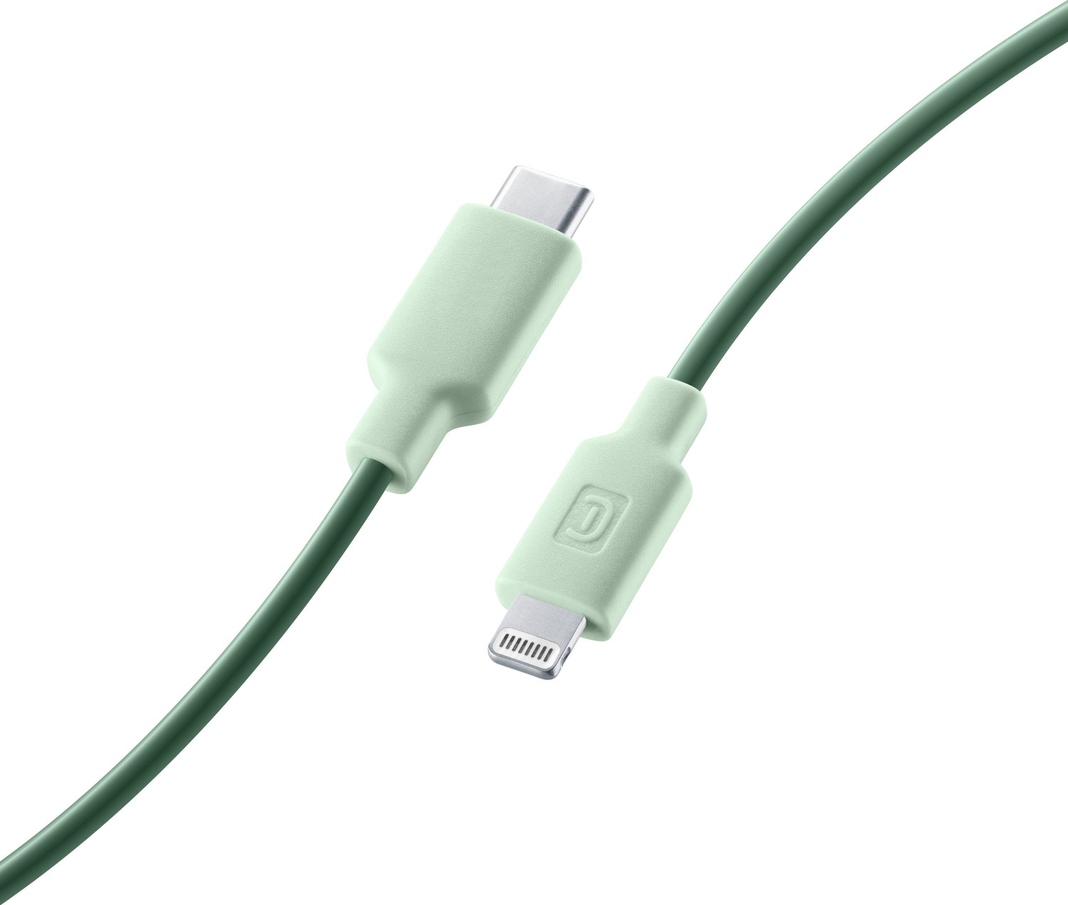 Cable de carga verde con conectores USB-C y Lightning, sobre fondo blanco.