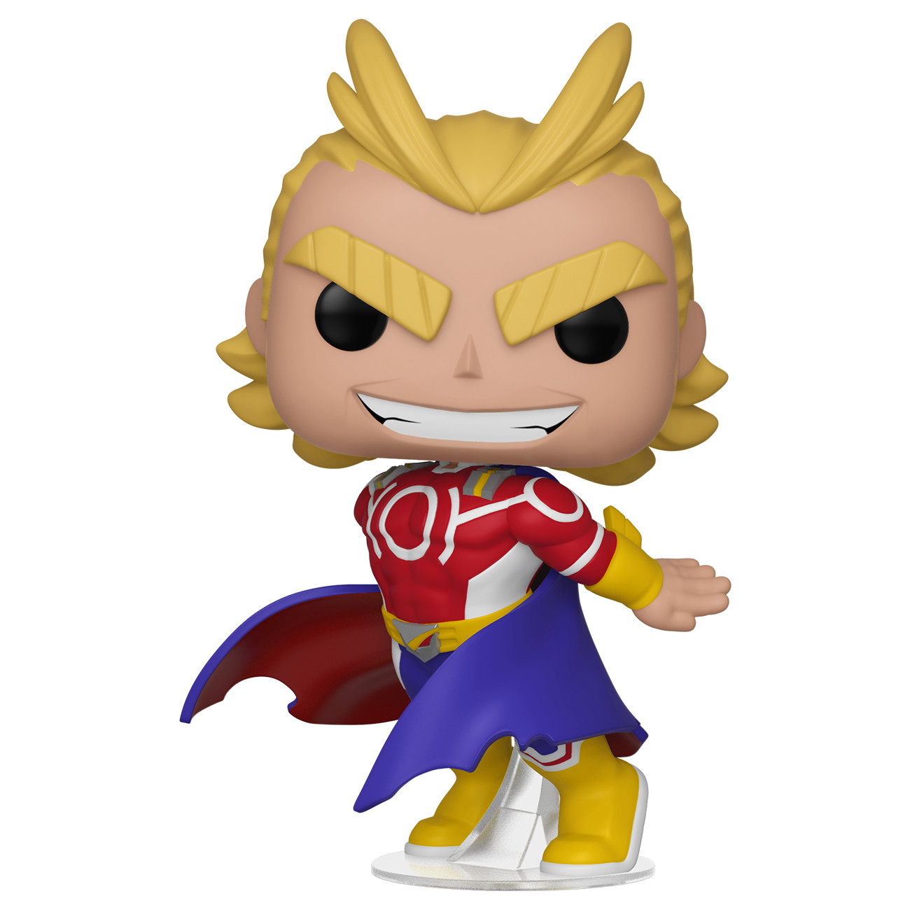 Figurka All Might z My Hero Academia. Figurka jest w dynamicznej pozie z niebieskim płaszczem.