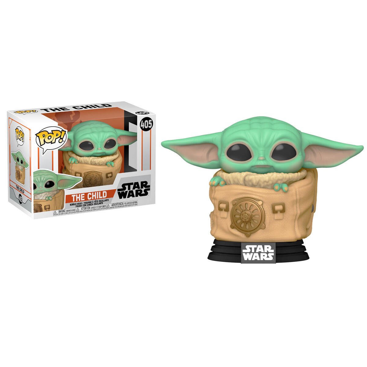 The Child Funko Pop Figur, hellgrün, in einem Beutel. Verpackungskarton im Hintergrund.