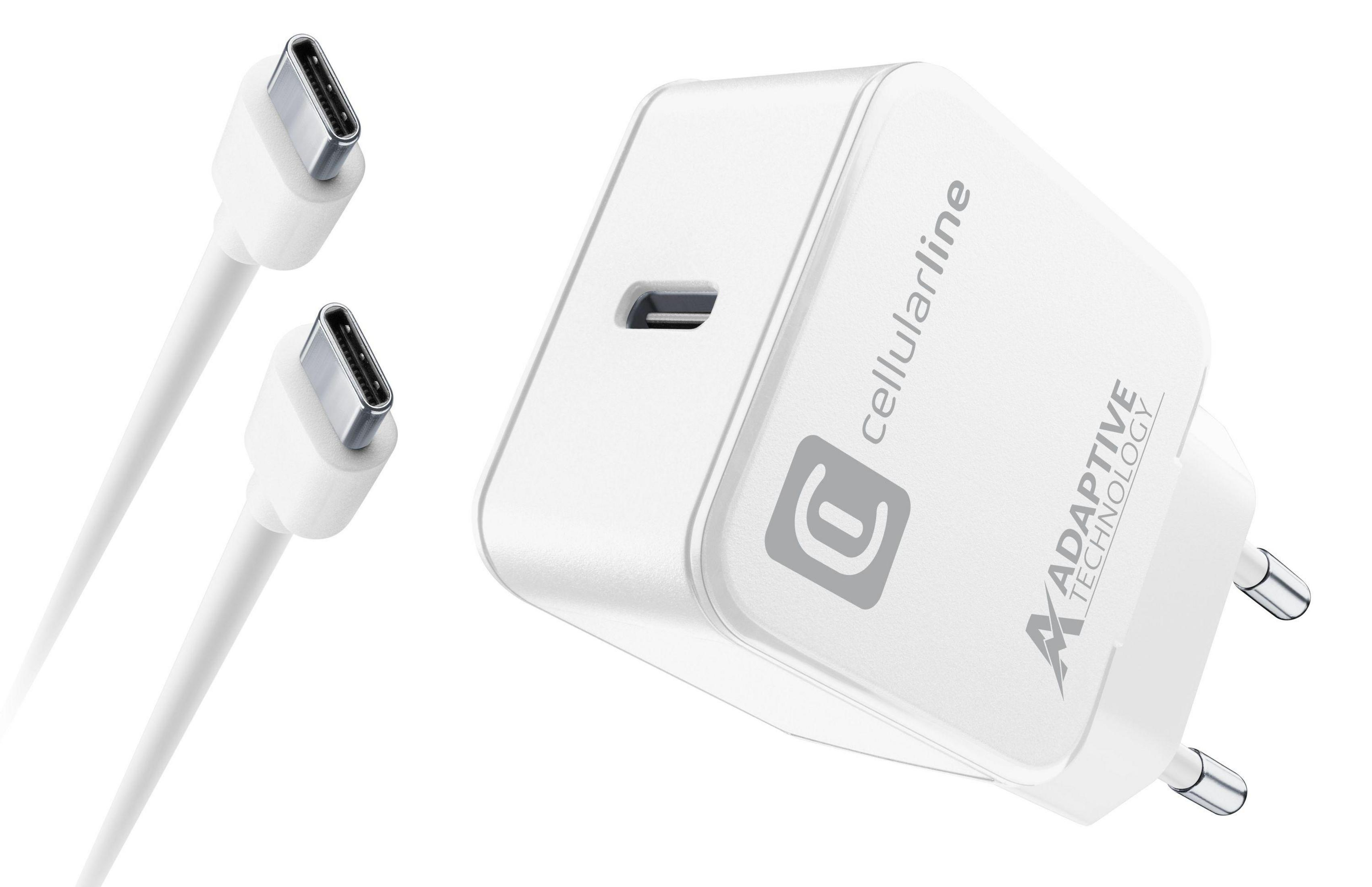 Weißes Ladegerät mit USB-C-Anschluss und zwei weißen USB-C-Kabeln.