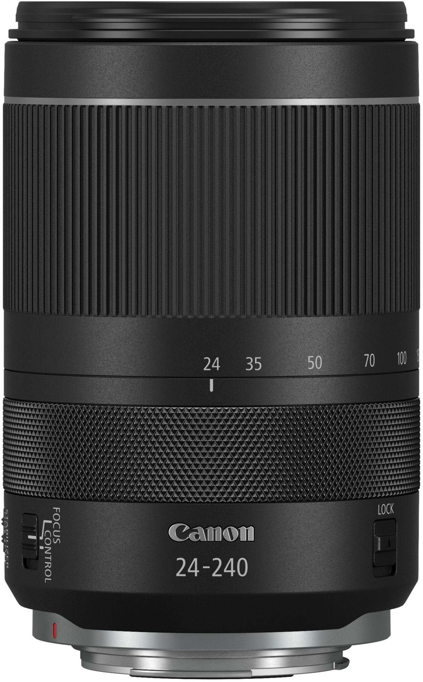 Schwarzes Canon-Objektiv mit Fokus- und Zoomreglern, Zahlen und Branding.