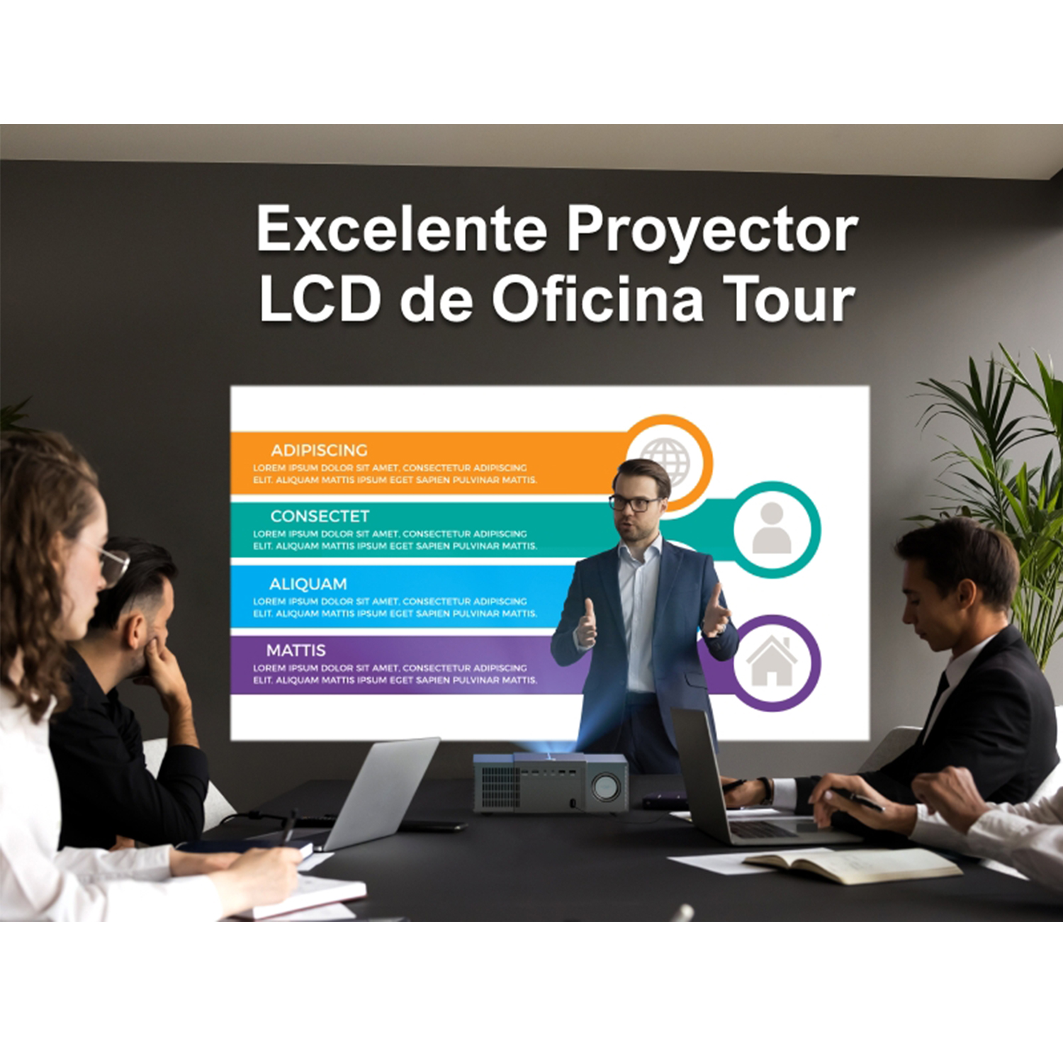 Gente en una reunión con un proyector mostrando una presentación.