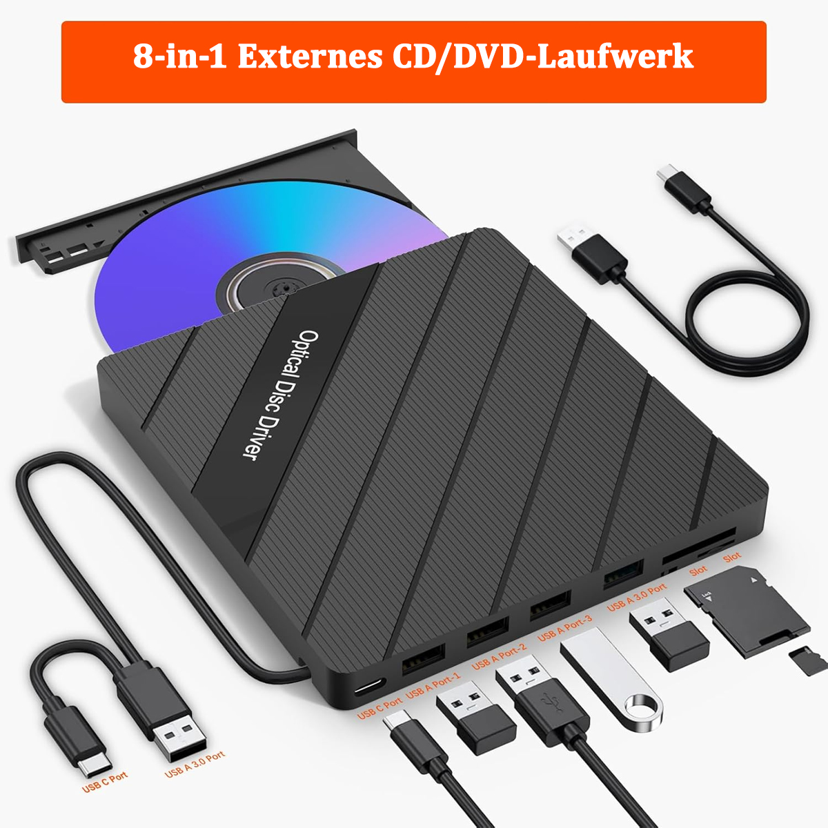 Ein schwarzes externes CD/DVD-Laufwerk mit USB-Anschlüssen. Eine Disc ist eingelegt, und es gibt Anschlusskabel.
