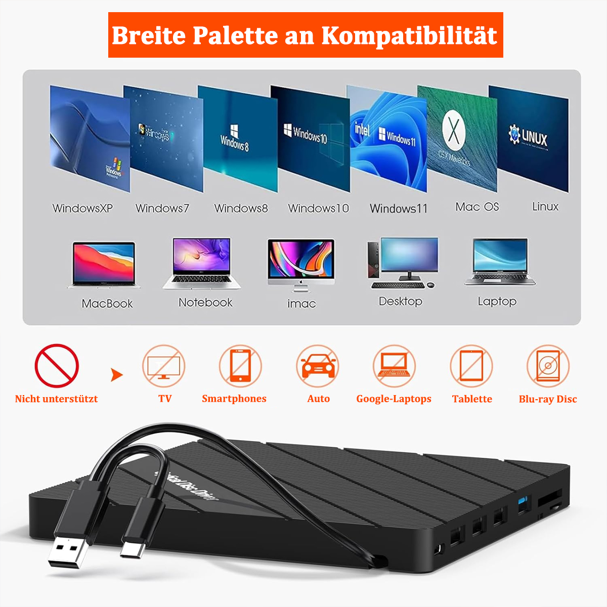 Schwarze externe Festplatte mit USB-Kabeln und verschiedenen Betriebssystem-Icons.