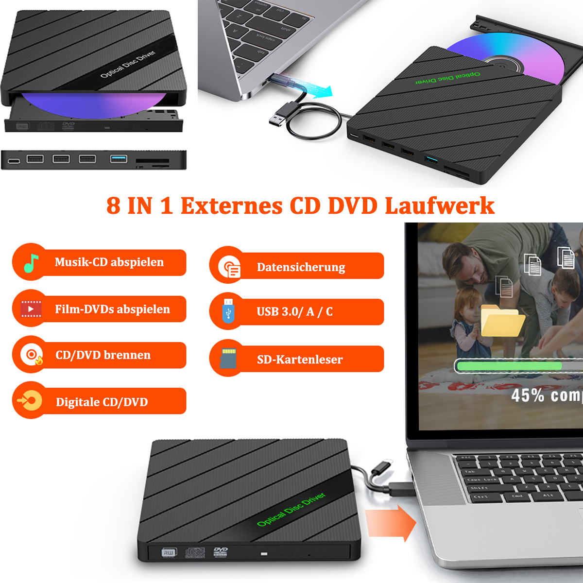 Schwarzes optisches Laufwerk mit Laptop und CD, zeigt auch 8 Funktionen.
