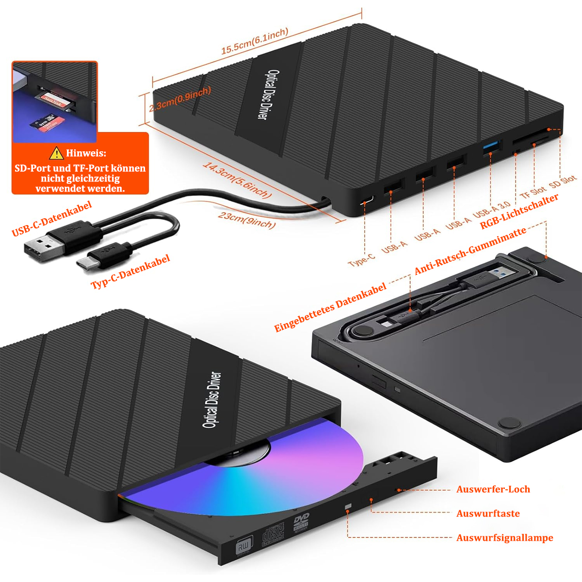 Ein schwarzes externes optisches Laufwerk mit einer DVD. Das Laufwerk hat USB und andere Anschlüsse.