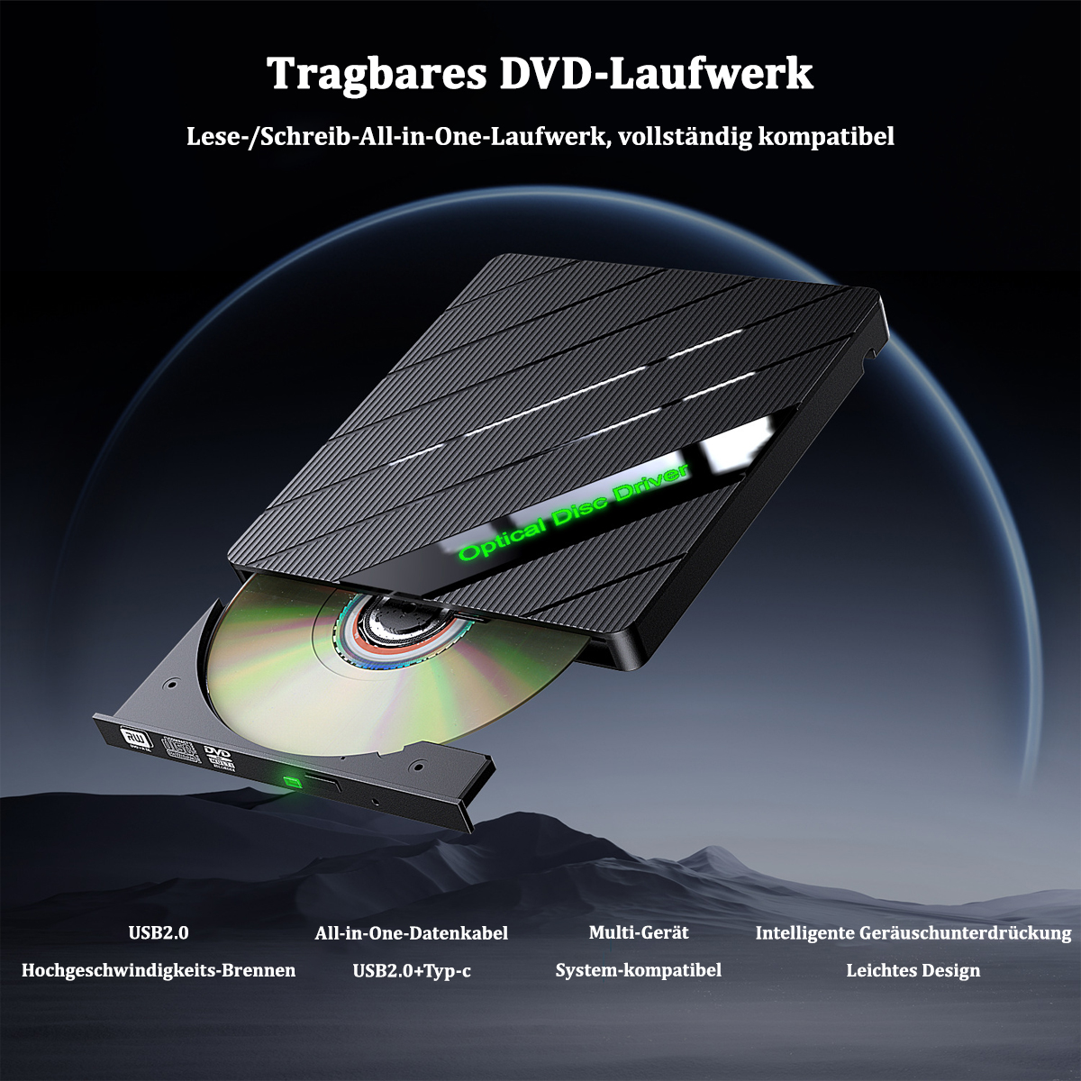 Schwarzes, tragbares DVD-Laufwerk mit einer Disc im Inneren, verschiedene Tech-Labels unten.
