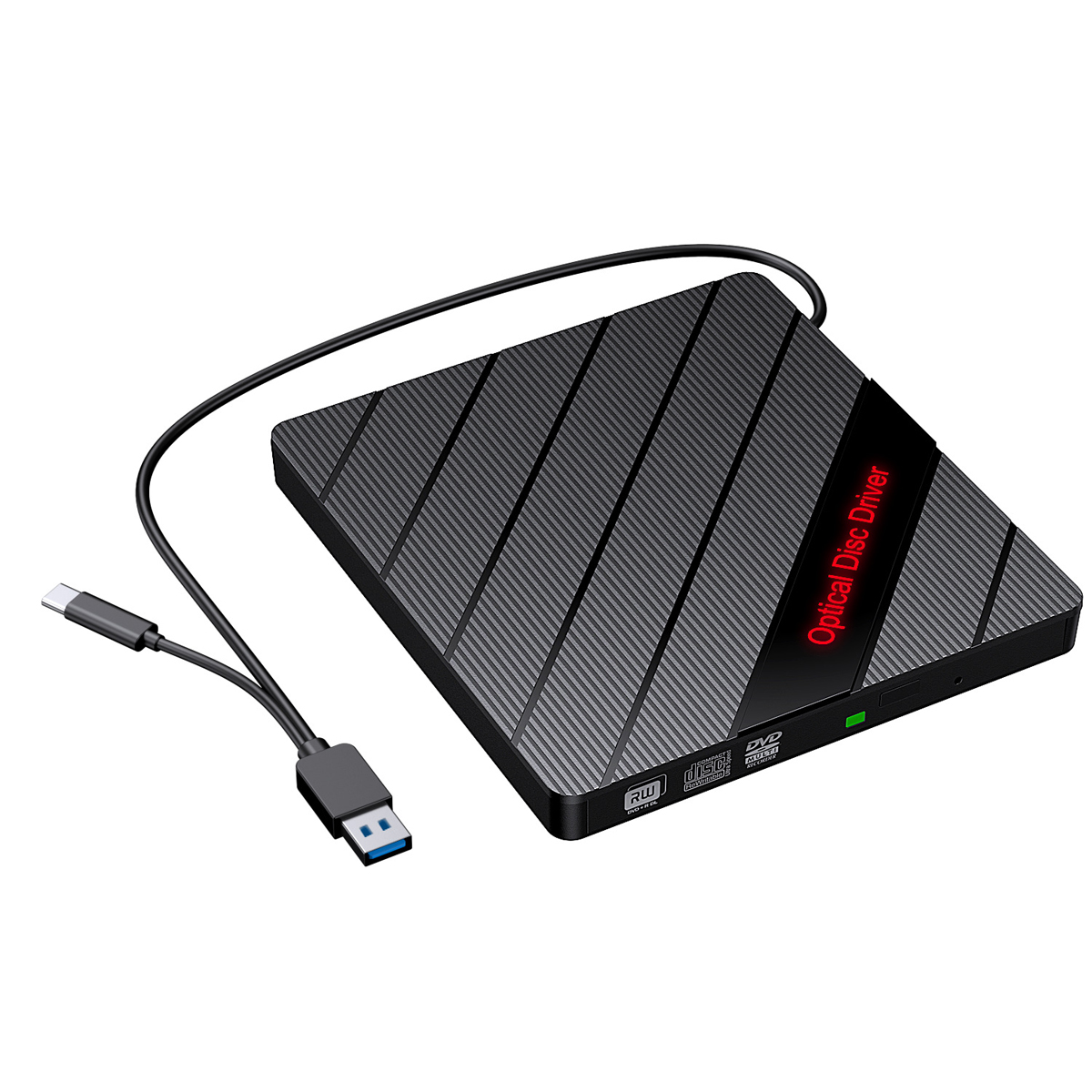 Ein schwarzes optisches Laufwerk mit USB-Kabel. Der Text 'Optical Disc Driver' ist sichtbar.