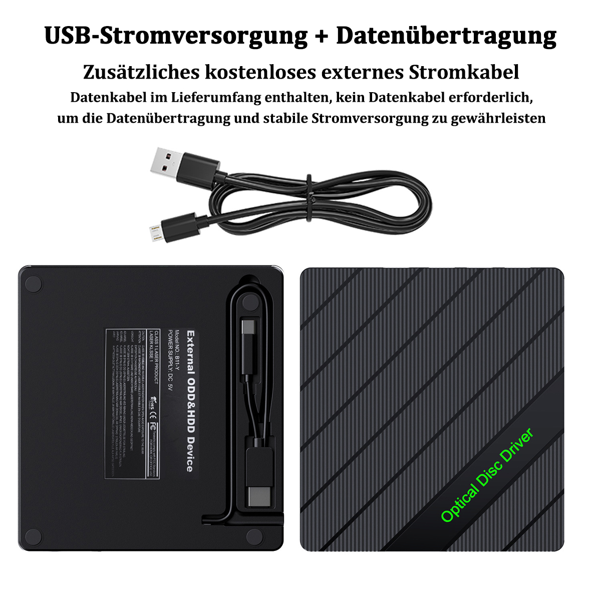 Schwarzes externes ODD- und HDD-Gerät mit USB-Kabel und Datenübertragungskabel auf weißem Hintergrund.