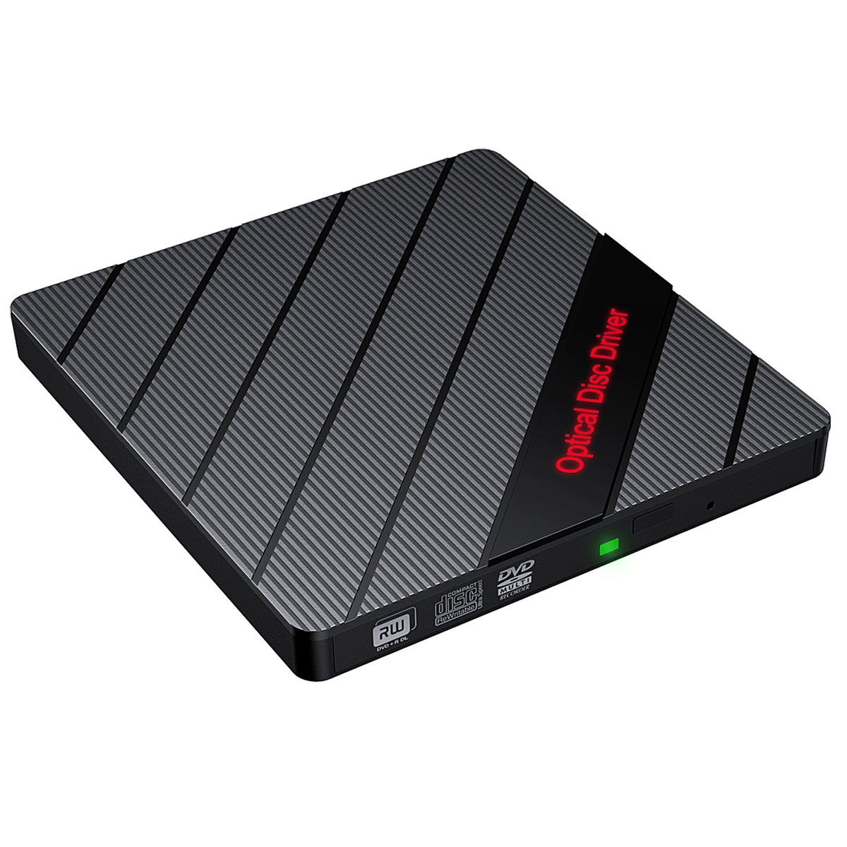 Schwarz-graues optisches Laufwerk. Roter Text zeigt 'Optical Disc Driver'.
