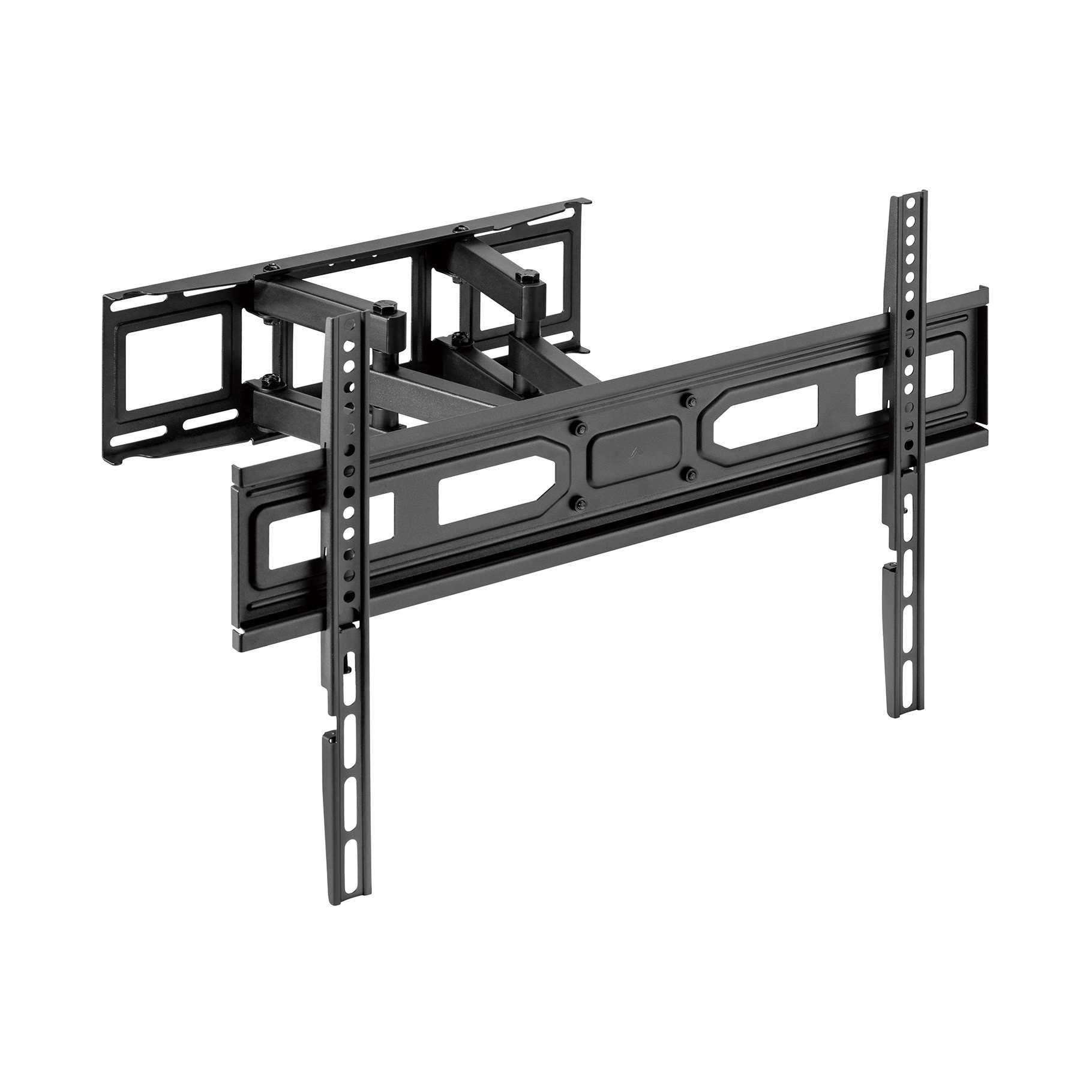 A black TV wall mount, with articulated arms, isolated on white background.