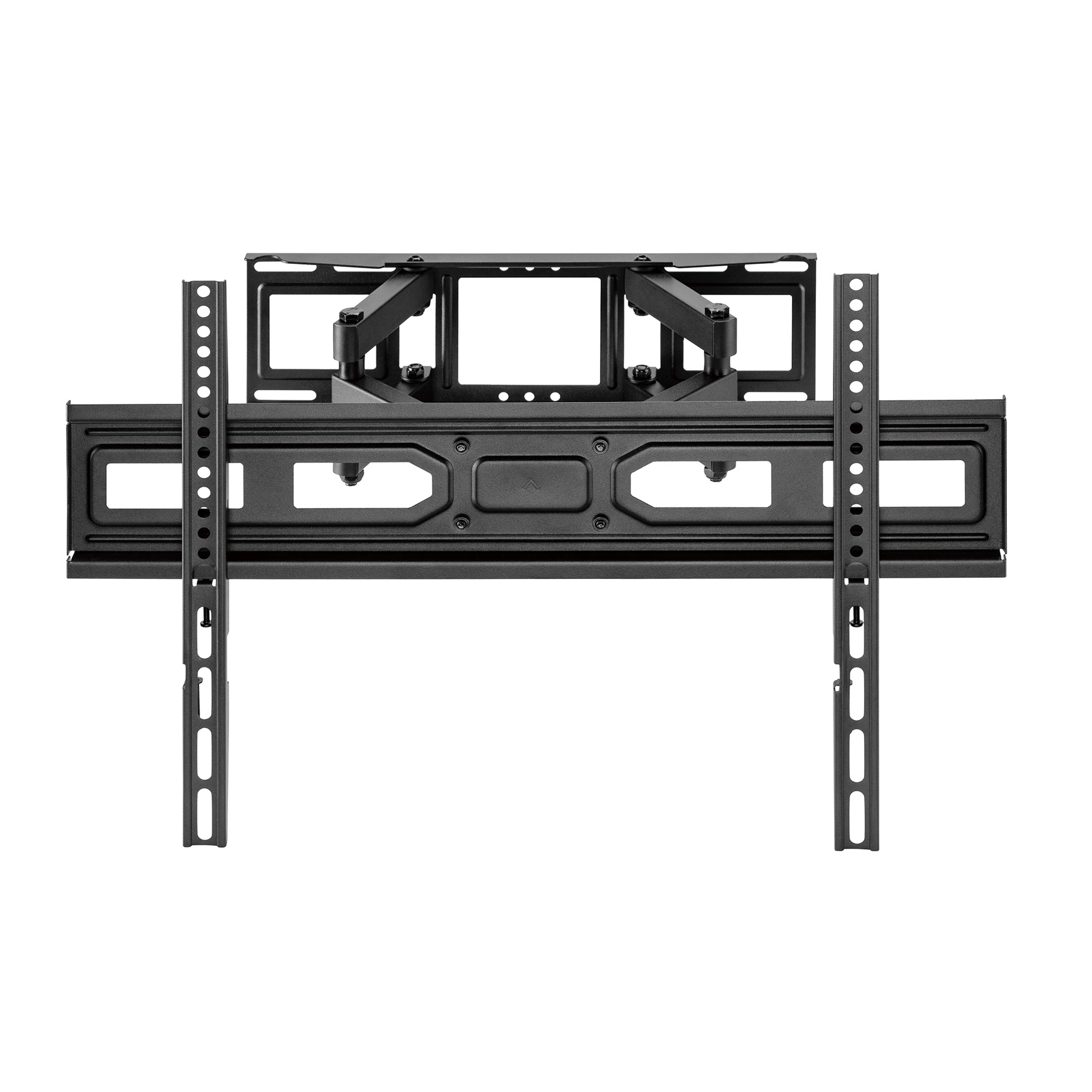 A black TV wall mount with adjustable arms and mounting rails.