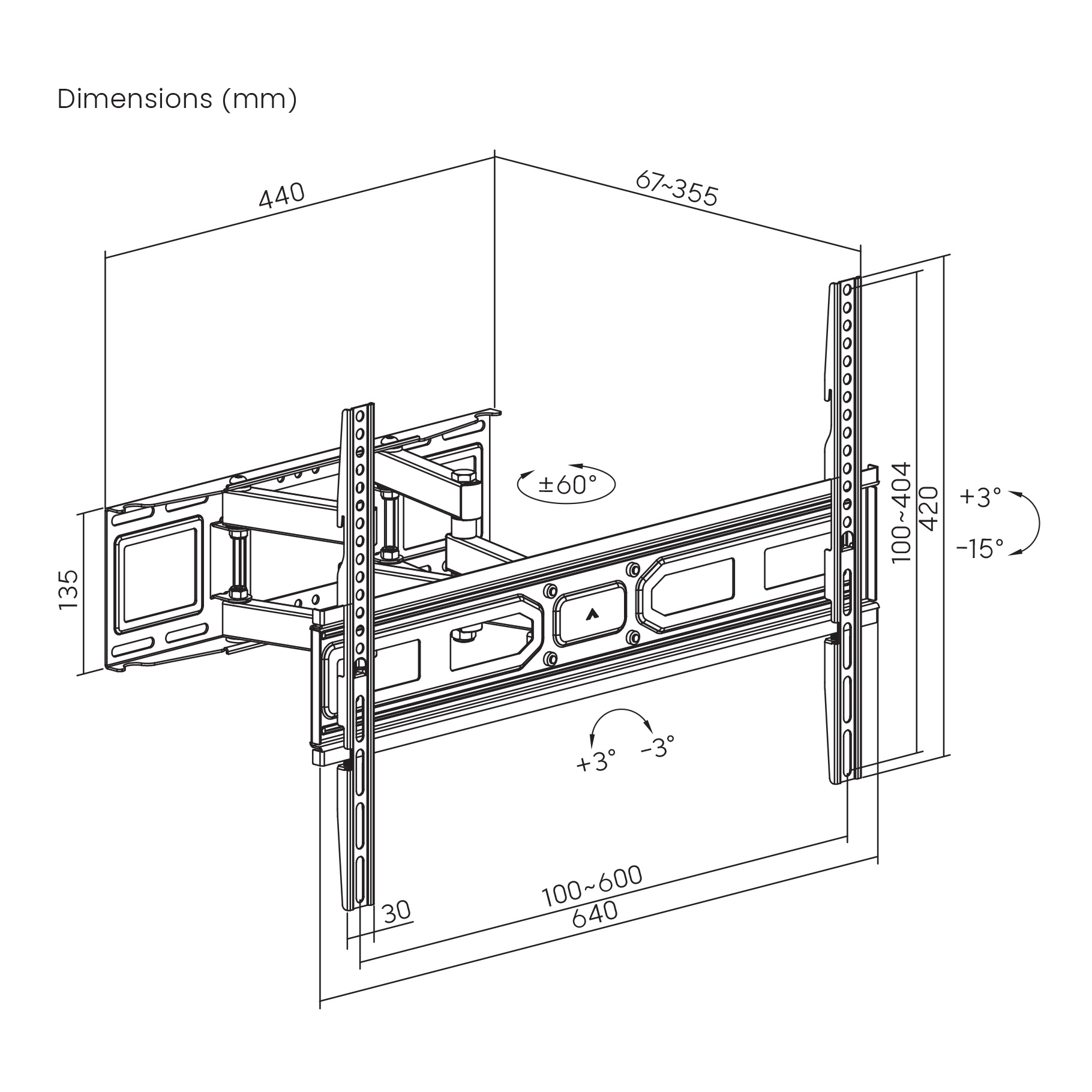 A wall mount for a TV, with dimensions and measurements.