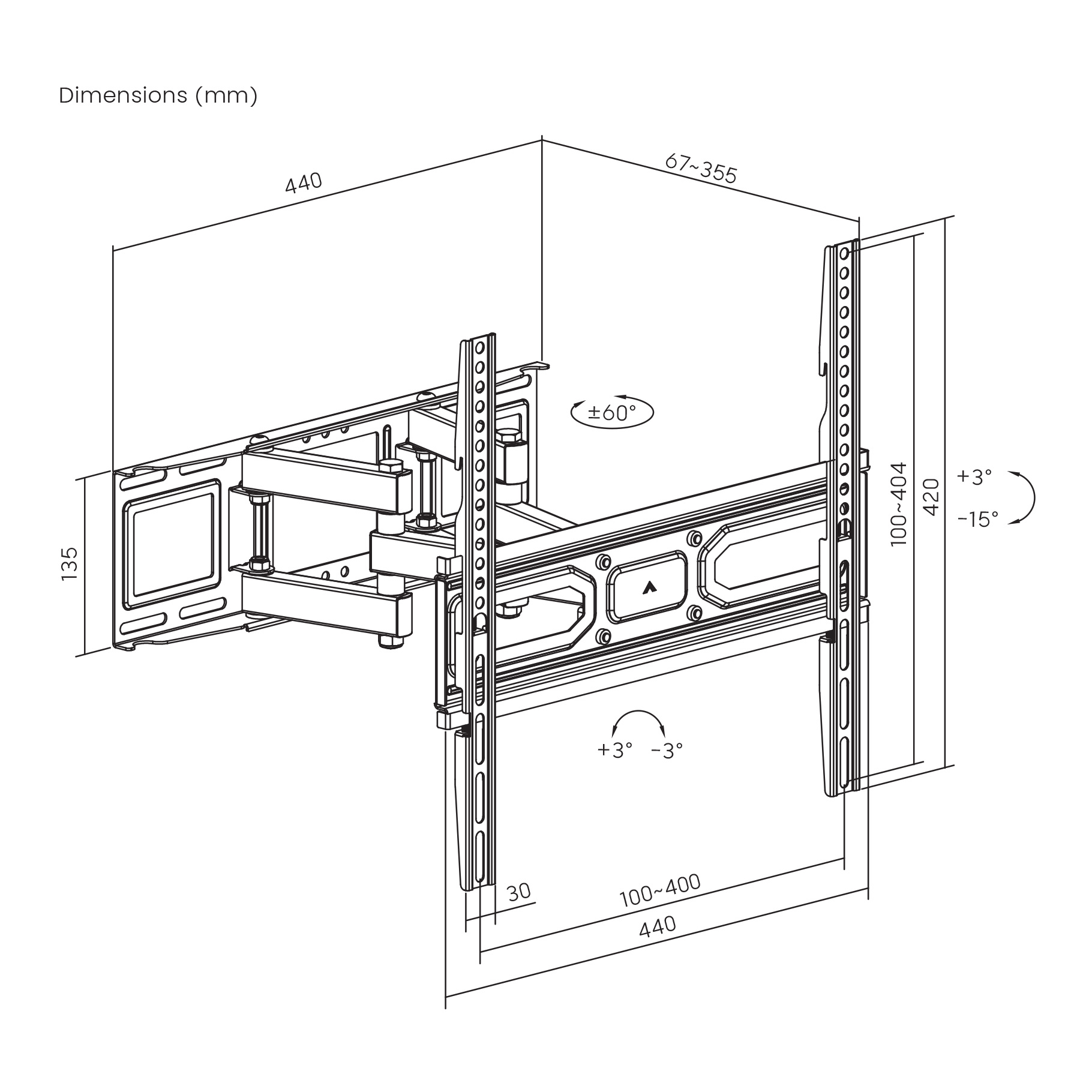 Technische tekening van een muurbeugel. Toont afmetingen en hoeken voor de installatie van het apparaat.