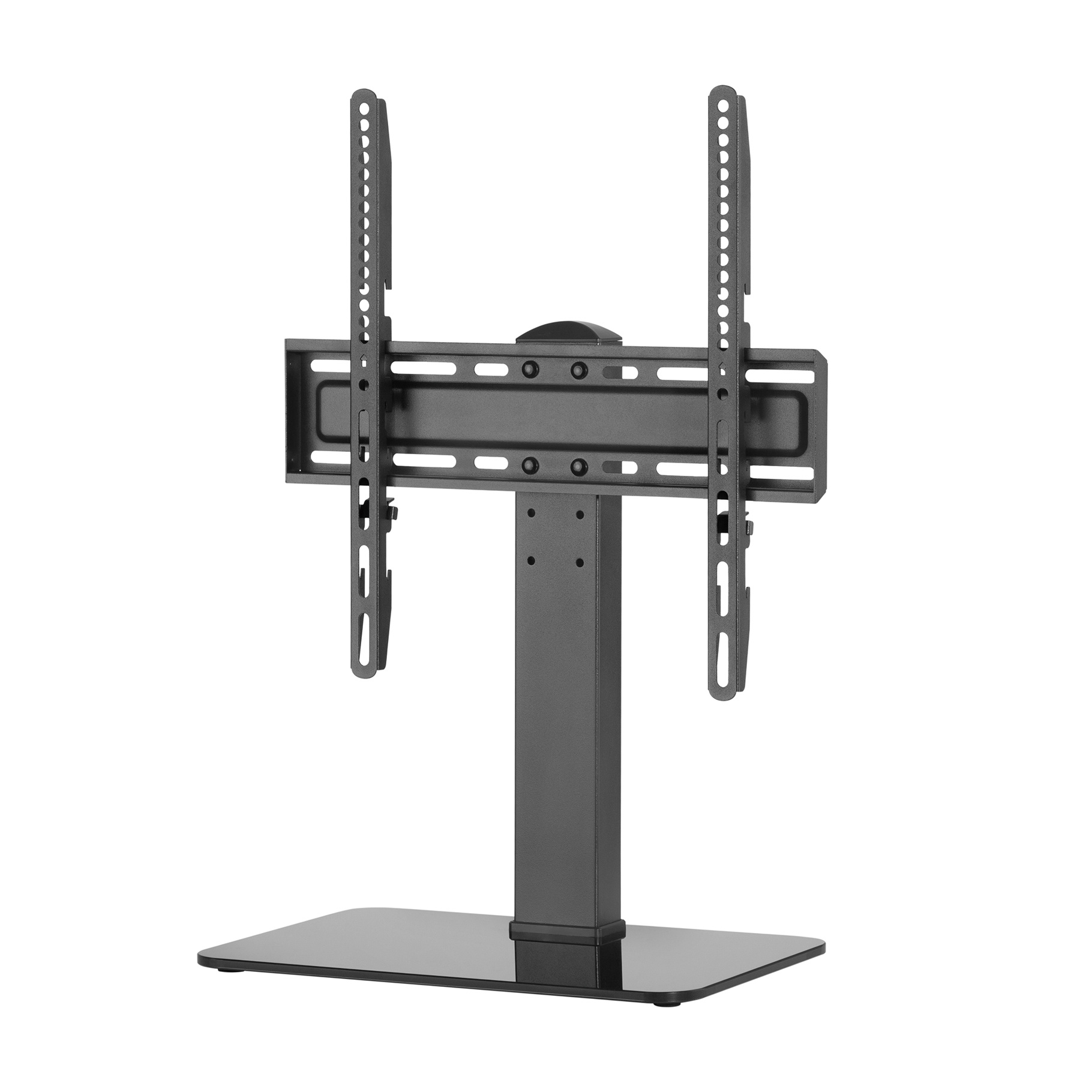 Black TV stand with a base. It is a metal stand with vertical bars to hold a TV.