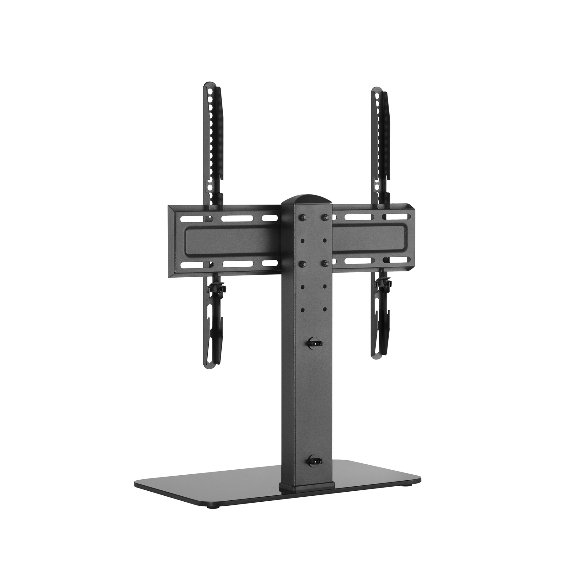 Black TV stand with a rectangular base and a vertical support.