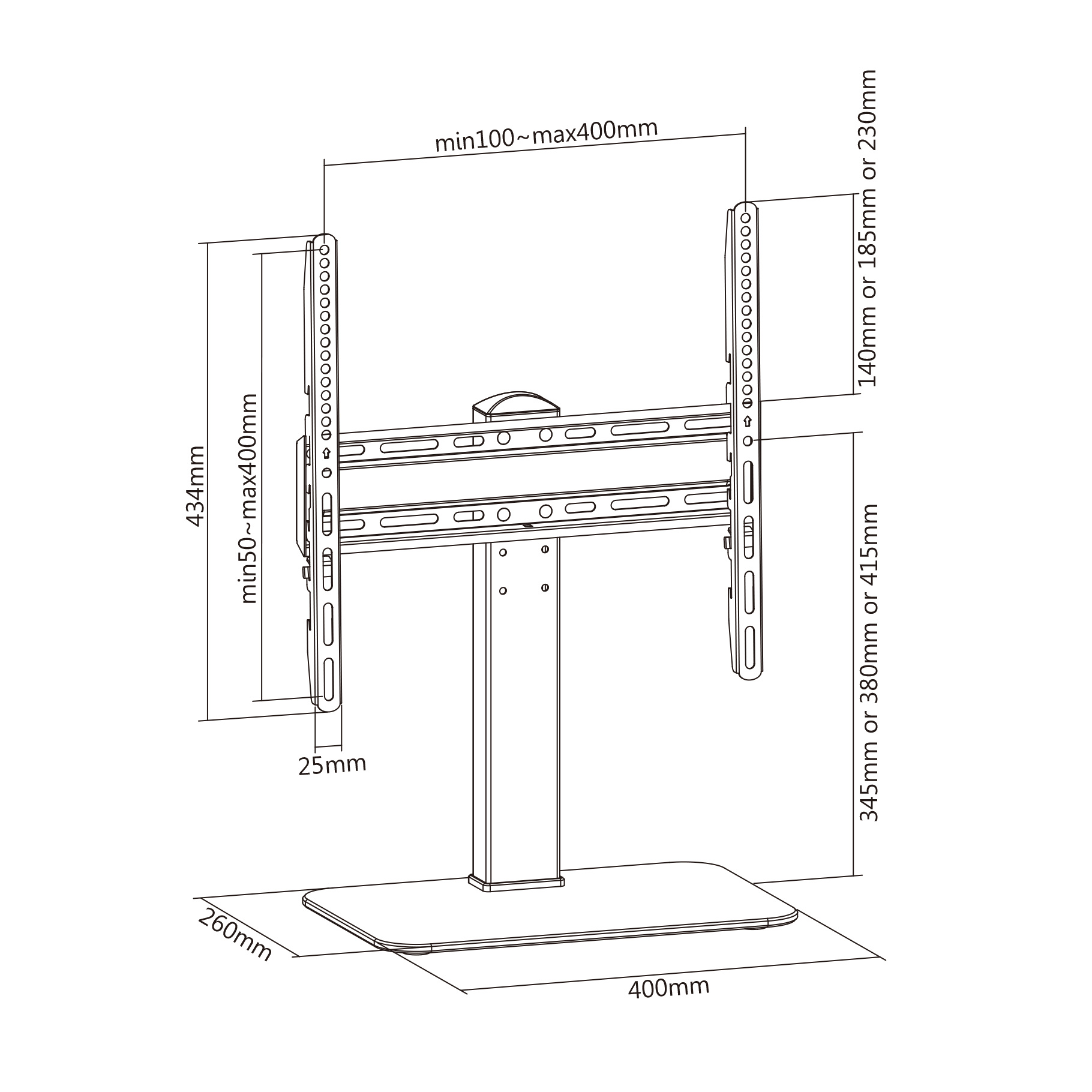 TV stand diagram with measurements. White background.