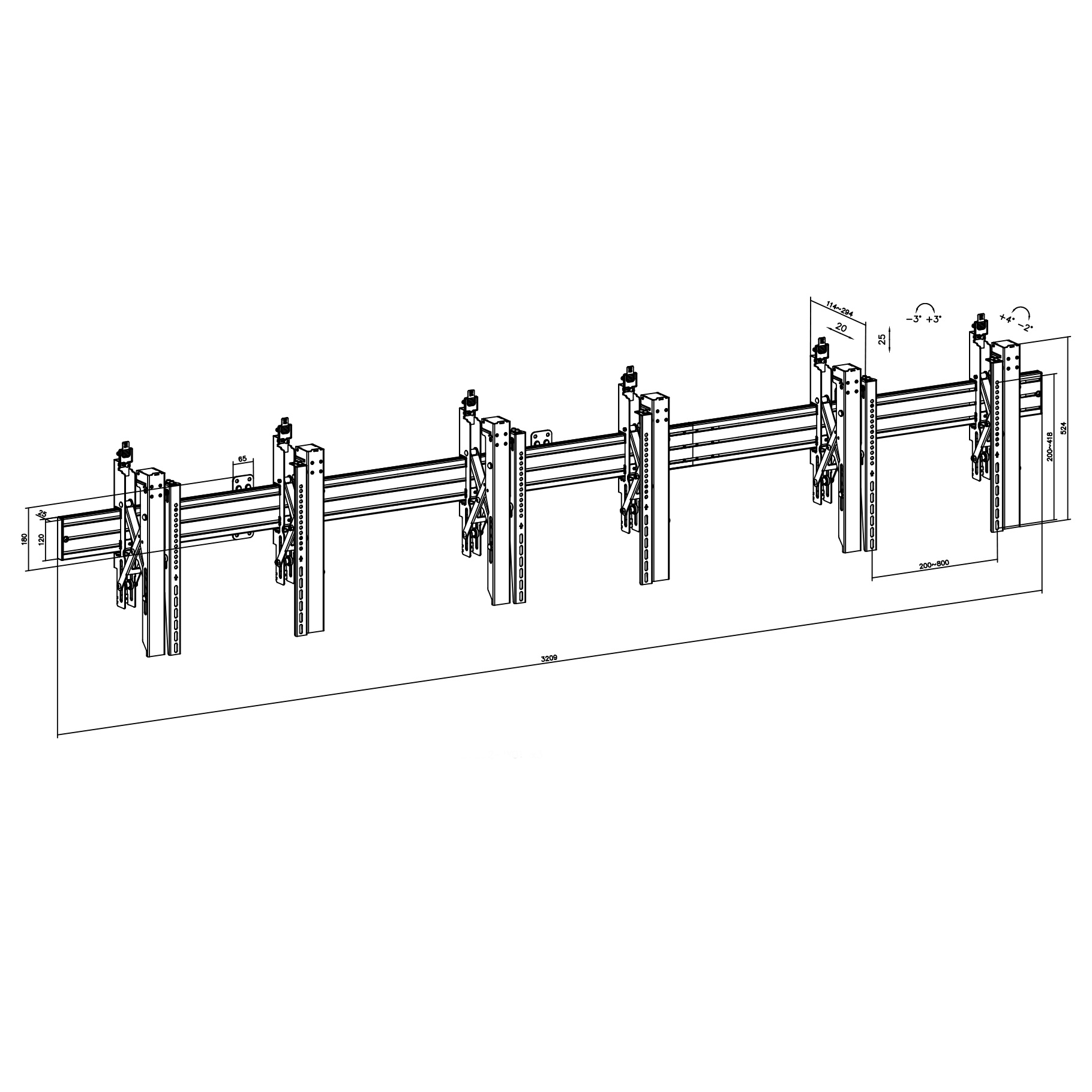 Disegno tecnico di una struttura con supporti e dimensioni multiple. Linee nere su sfondo bianco.