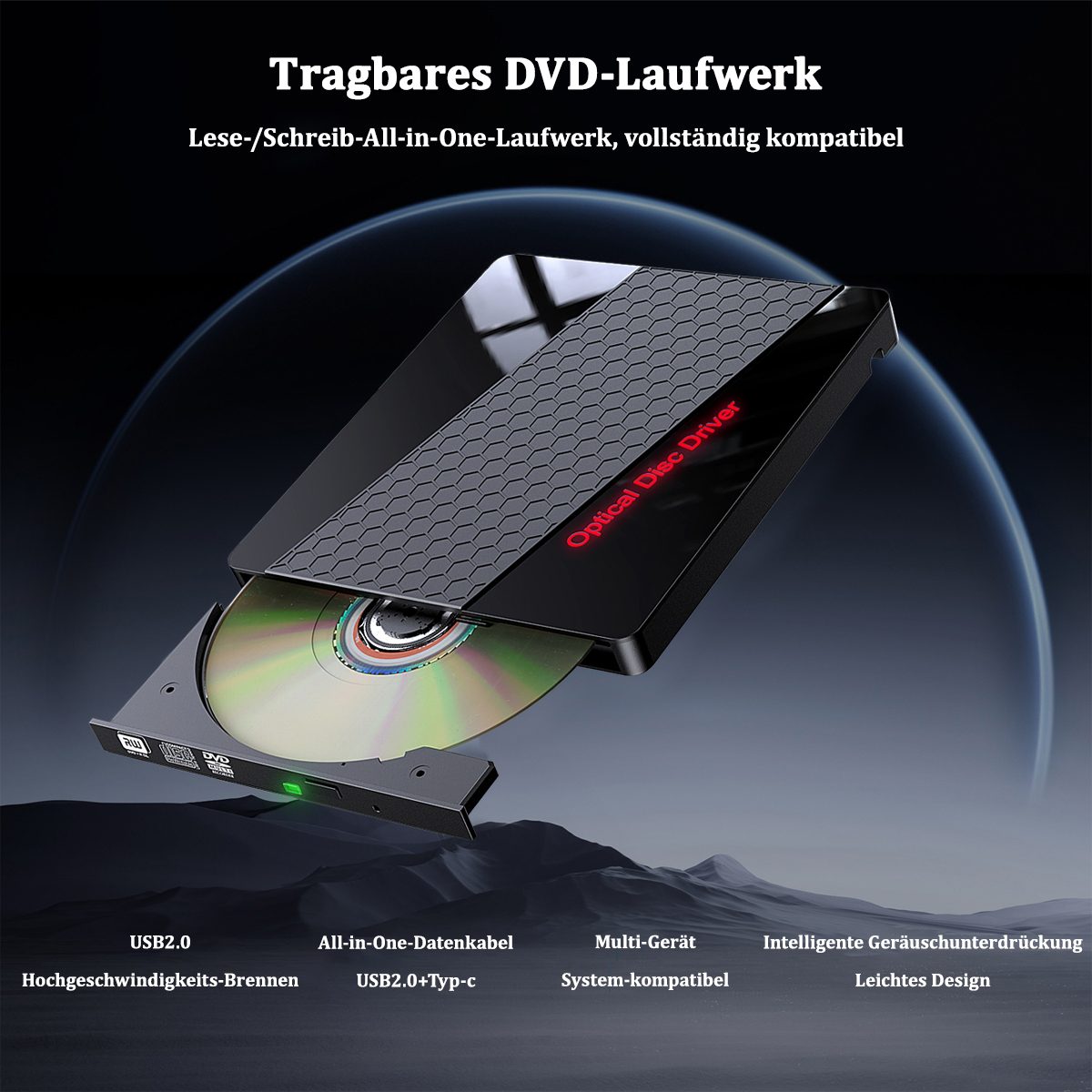 Schwarzes DVD-Laufwerk mit Disc. Roter Text: 'Optical Disc Driver'.