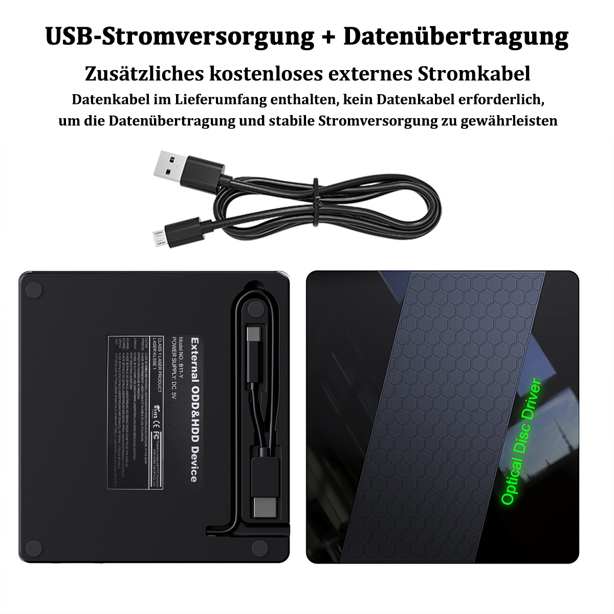 Externes ODD & HDD-Gerät mit USB- und Stromkabeln auf weißem Hintergrund.