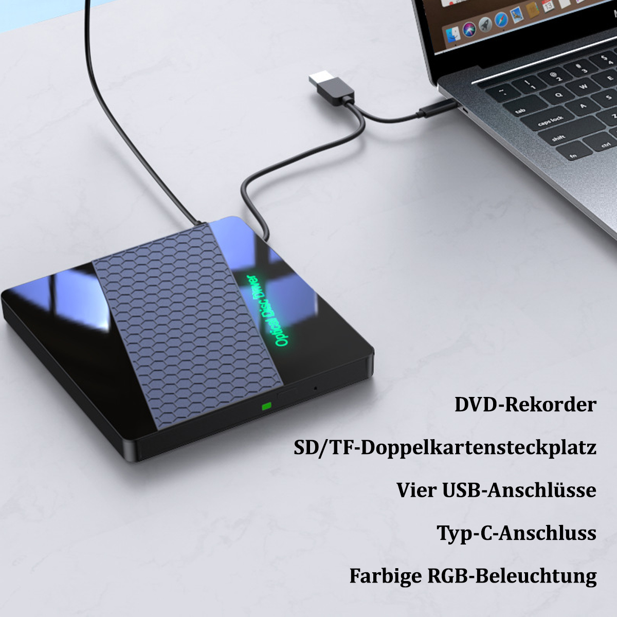 Schwarzer DVD-Rekorder, der mit einem Laptop verbunden ist. Er hat einen USB-Anschluss und Steckplätze für SD- und TF-Karten.