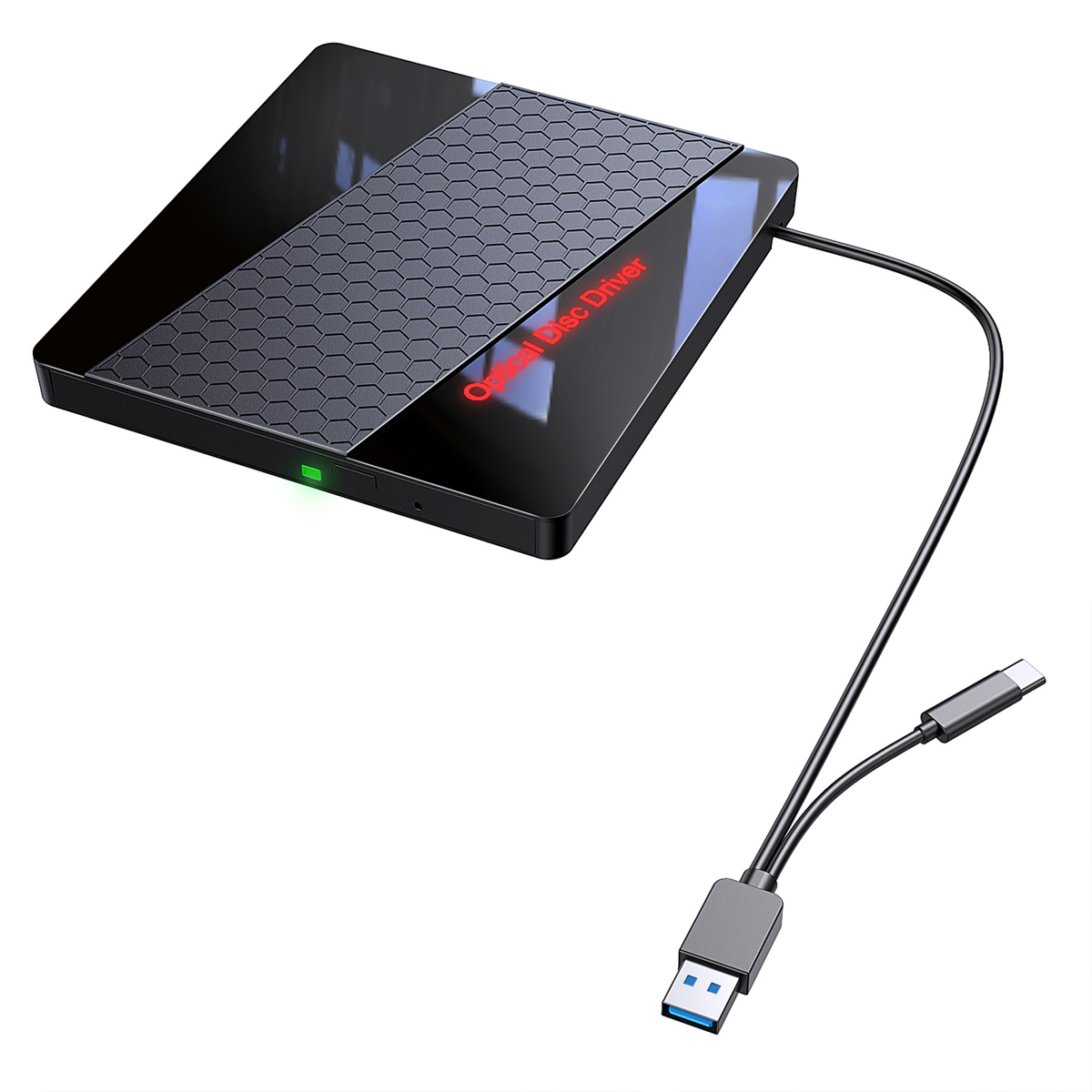 Schwarzes optisches Laufwerk mit USB-Kabel. Das Laufwerk hat eine strukturierte Oberseite.