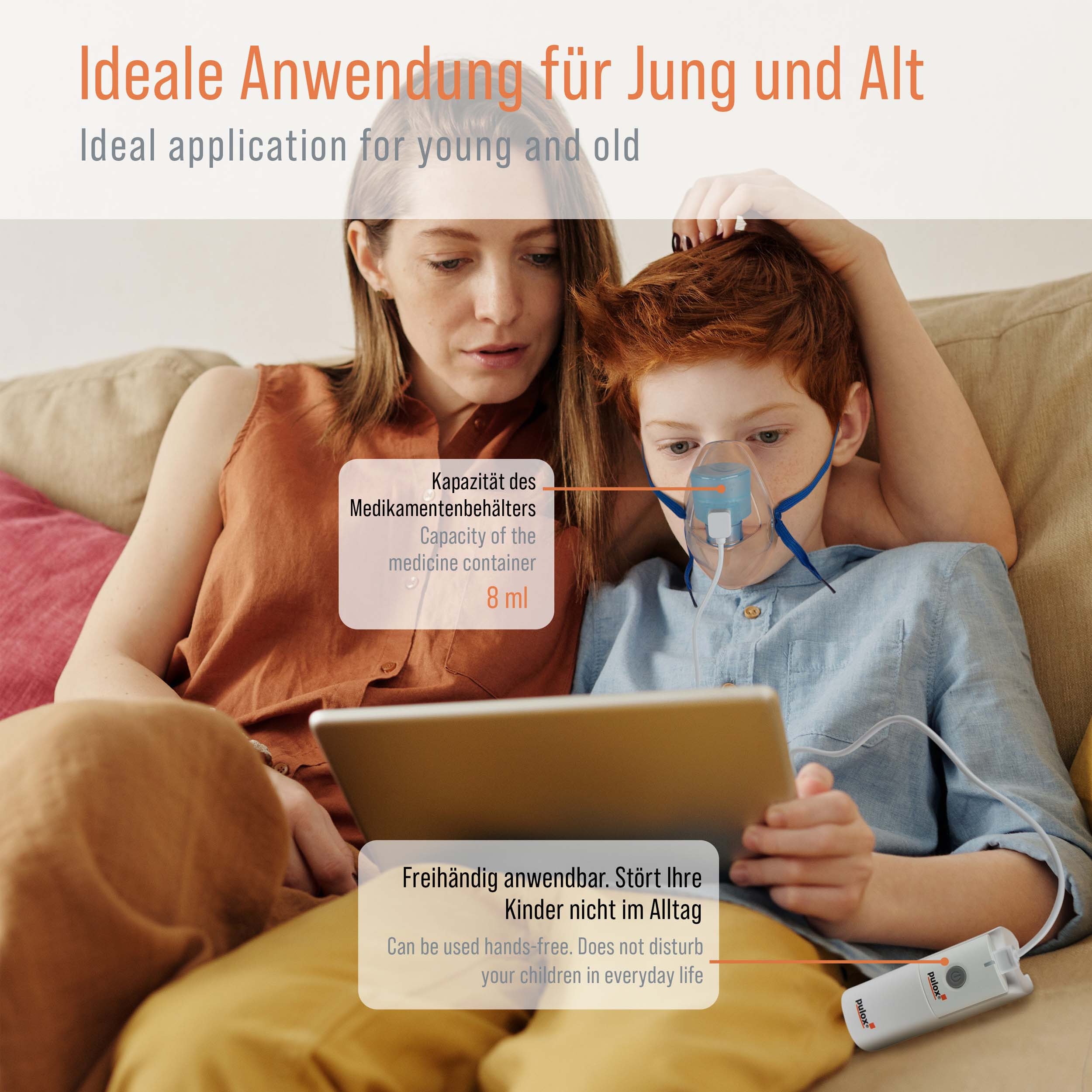 Mutter und Kind benutzen ein Inhalationsgerät mit Tablet. Das Gerät ist freihändig und der Behälter fasst 8ml.
