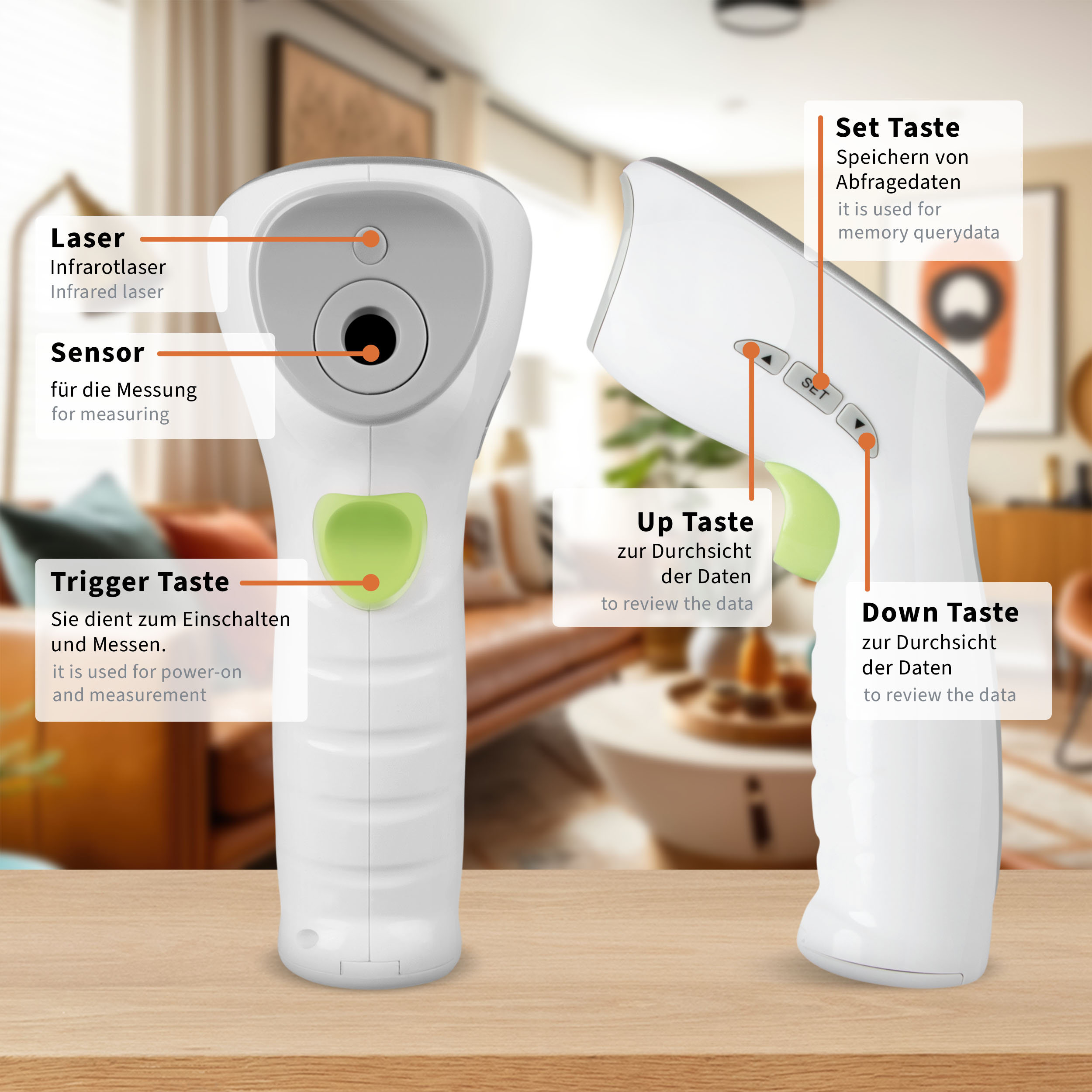 Zwei medizinische Thermometer werden gezeigt. Etiketten zeigen die Funktion jeder Taste und des Sensors an.