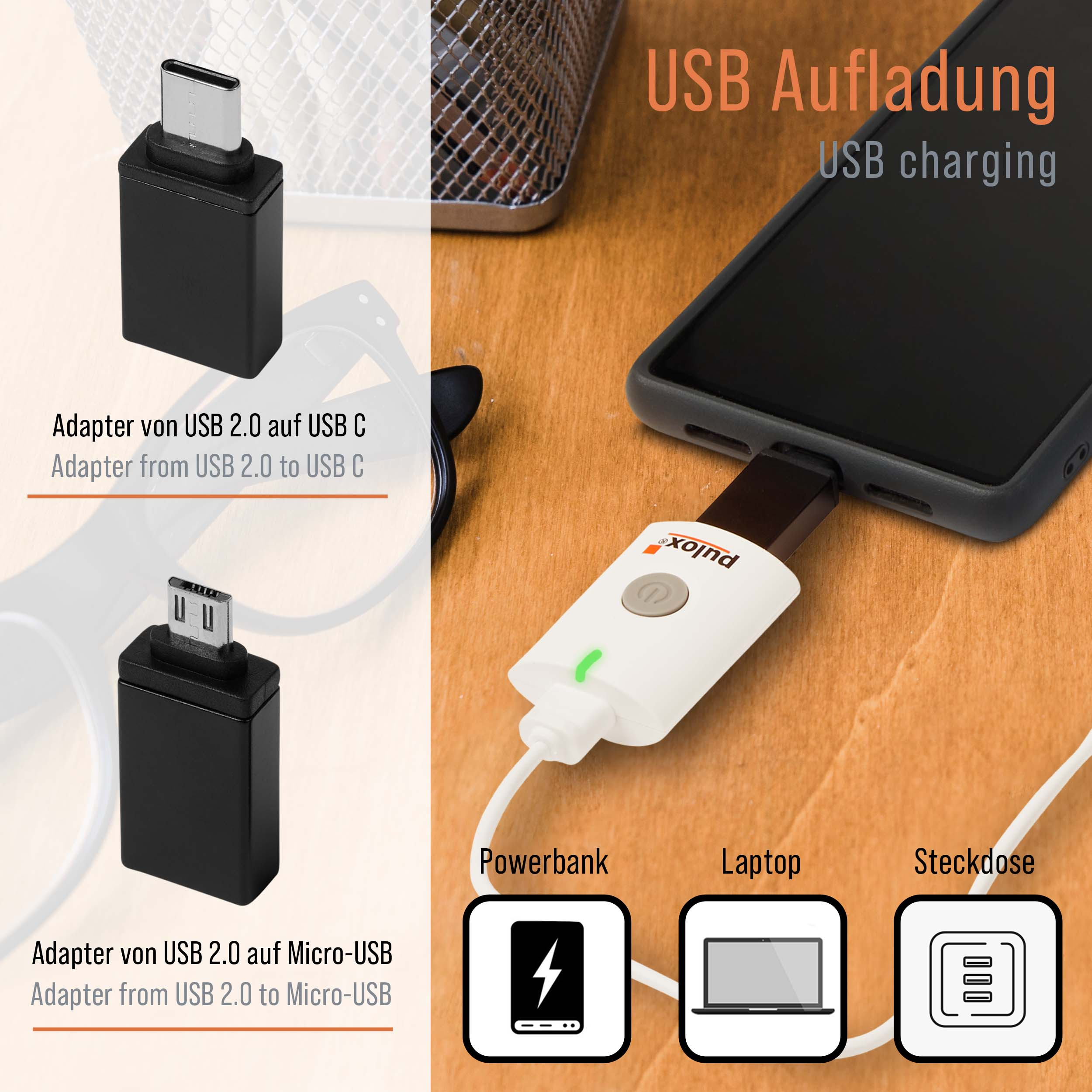 Ein Adapter mit USB 2.0 auf USB C und Micro-USB Anschlüssen, zum Laden.