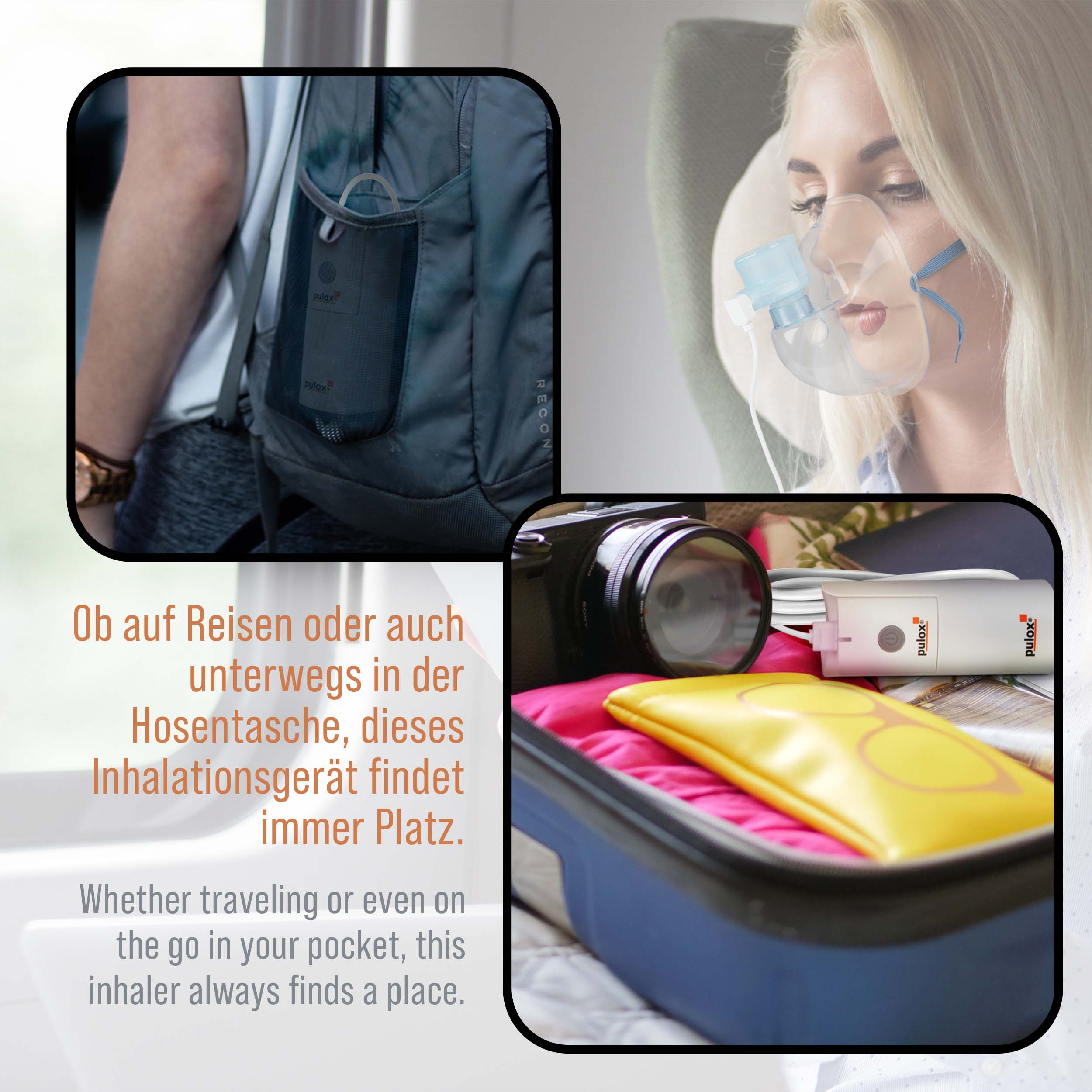 Collage mit zwei Bildern: Mann mit Tasche, Frau mit Sauerstoffmaske, plus Inhalationsgerät.
