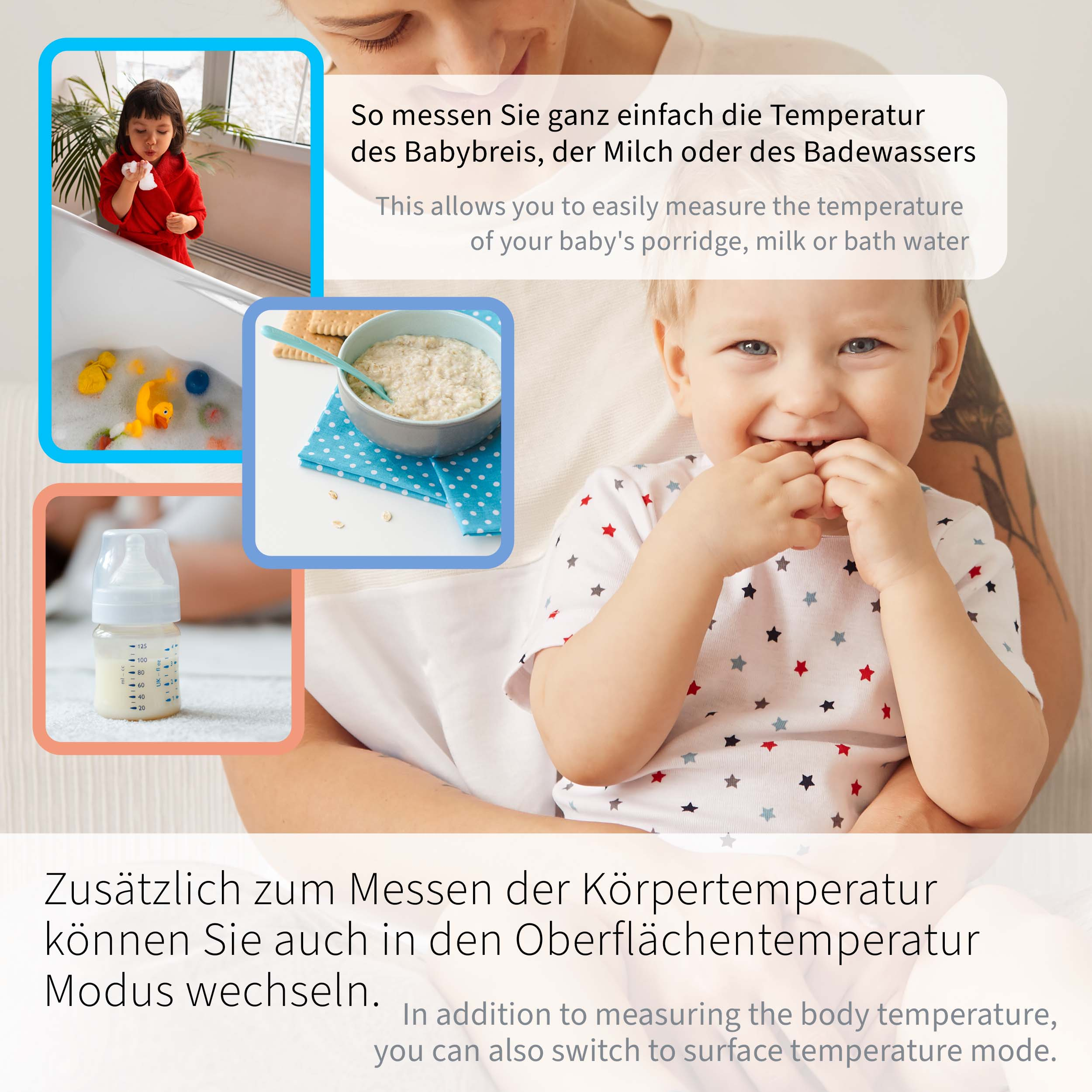 Bild mit deutschem Text über das Messen der Temperatur von Babynahrung, mit zugehörigen Artikeln.