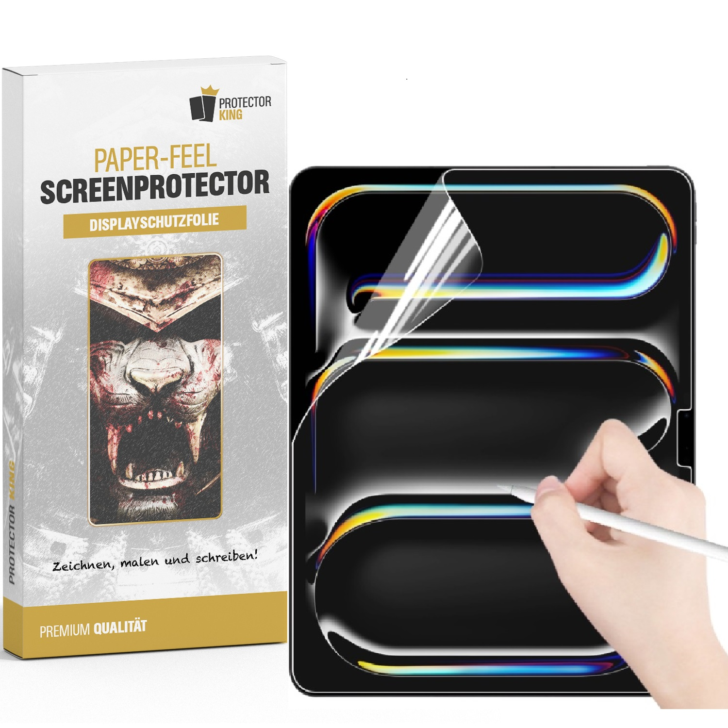 Schachtel mit Displayschutzfolie und einer Hand, die einen Stift auf einer Handy-Displayschutzfolie verwendet.