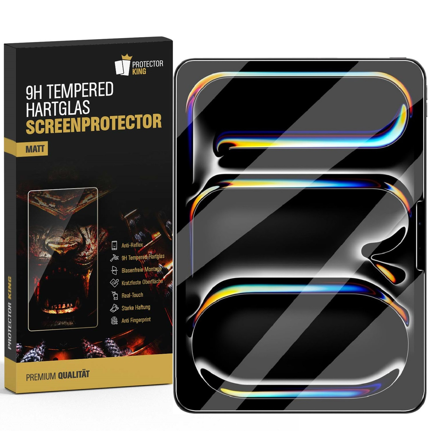 Verpackung für Displayschutzfolie mit iPhone und Schutzfolie. Schwarzer Hintergrund.