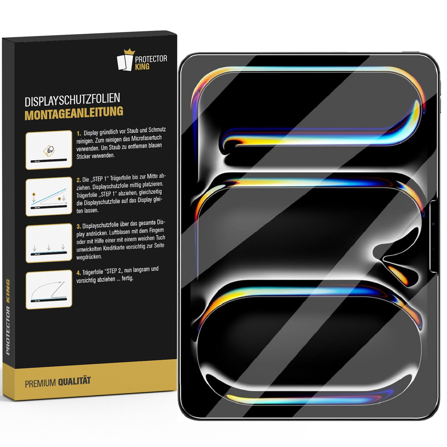 Schachtel mit Displayschutzfolie und Anweisungen. Schwarz-weißes Design.