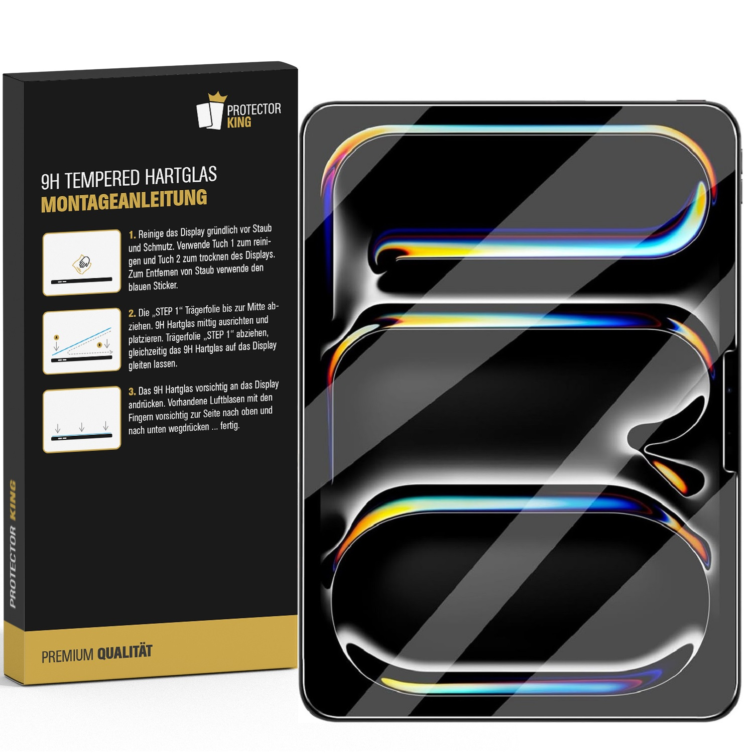 Schwarze Box und ein Displayschutz für das Telefon. Auf der Box steht 9H Tempered Hartglas. Anweisungen stehen auf der Box.