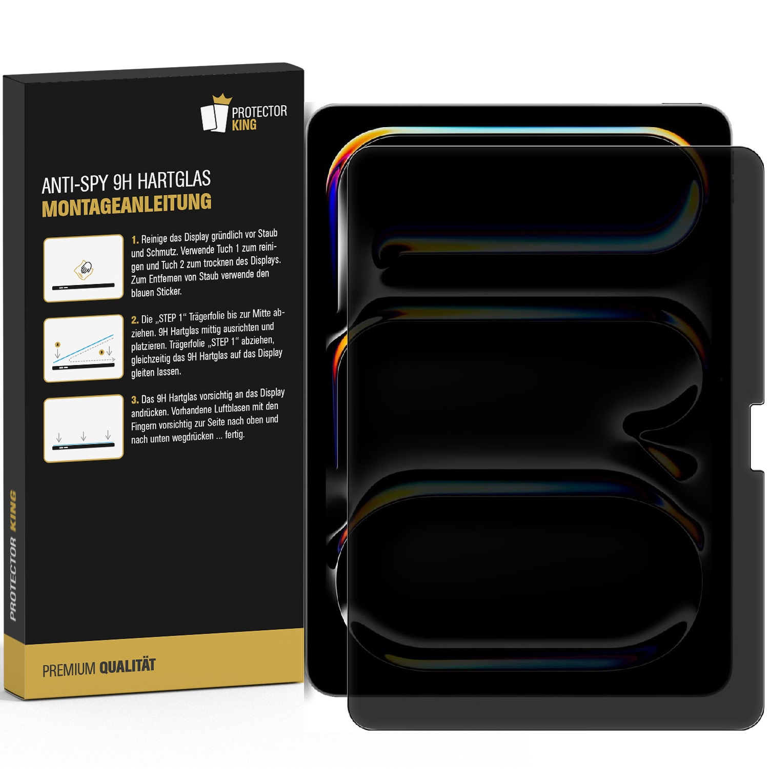Schwarze Displayschutzfolien und eine Box mit Anweisungen auf weißem Hintergrund.