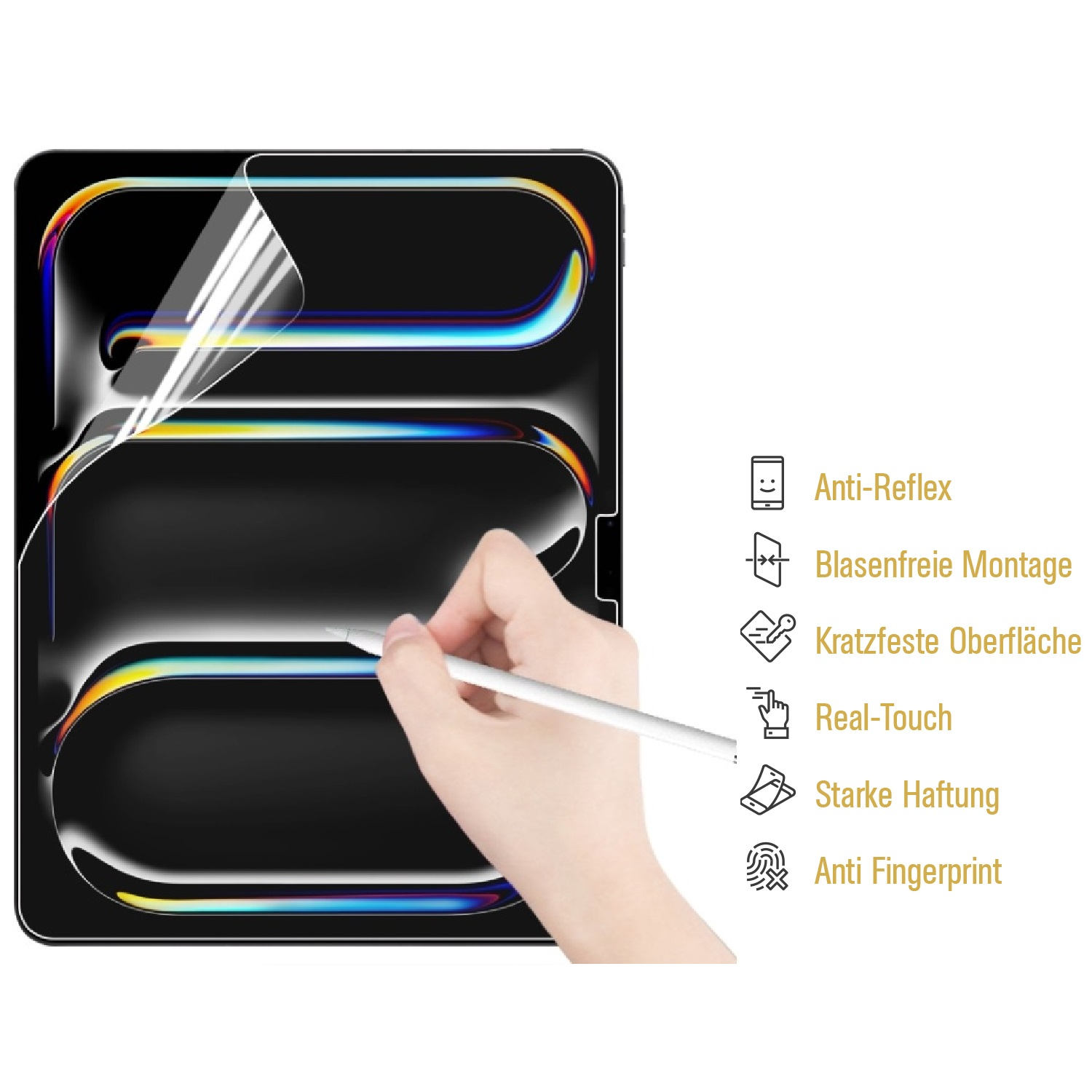 Hand hält Stift in der Nähe eines Tablets mit Displayschutz.