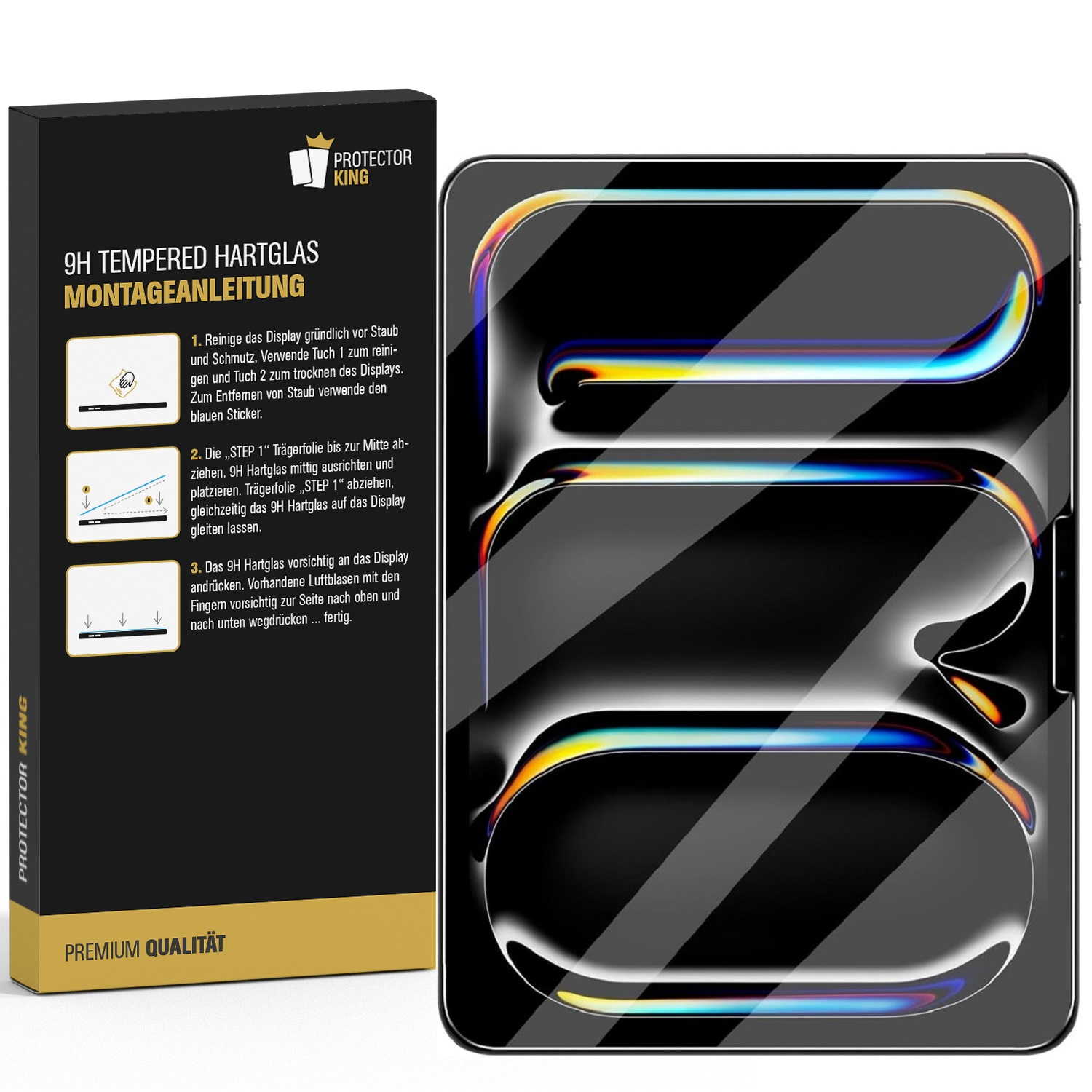 Gehärtetes Glas und Verpackung. Anweisungen links, Glas rechts. Schwarz-Gold Farben.