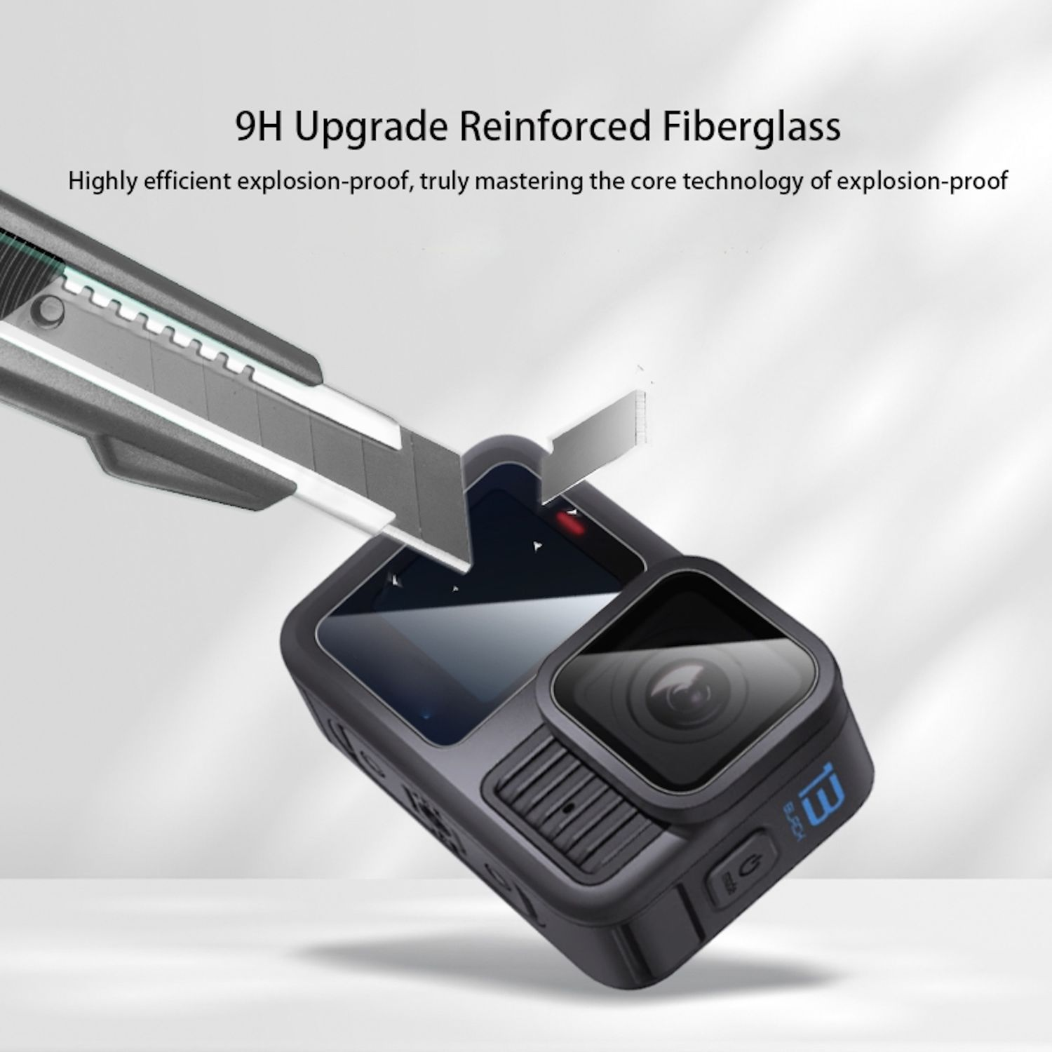 Eine schwarze Action-Kamera wird mit einem Cutter geschnitten. Text: 9H Upgrade Reinforced Fiberglass.
