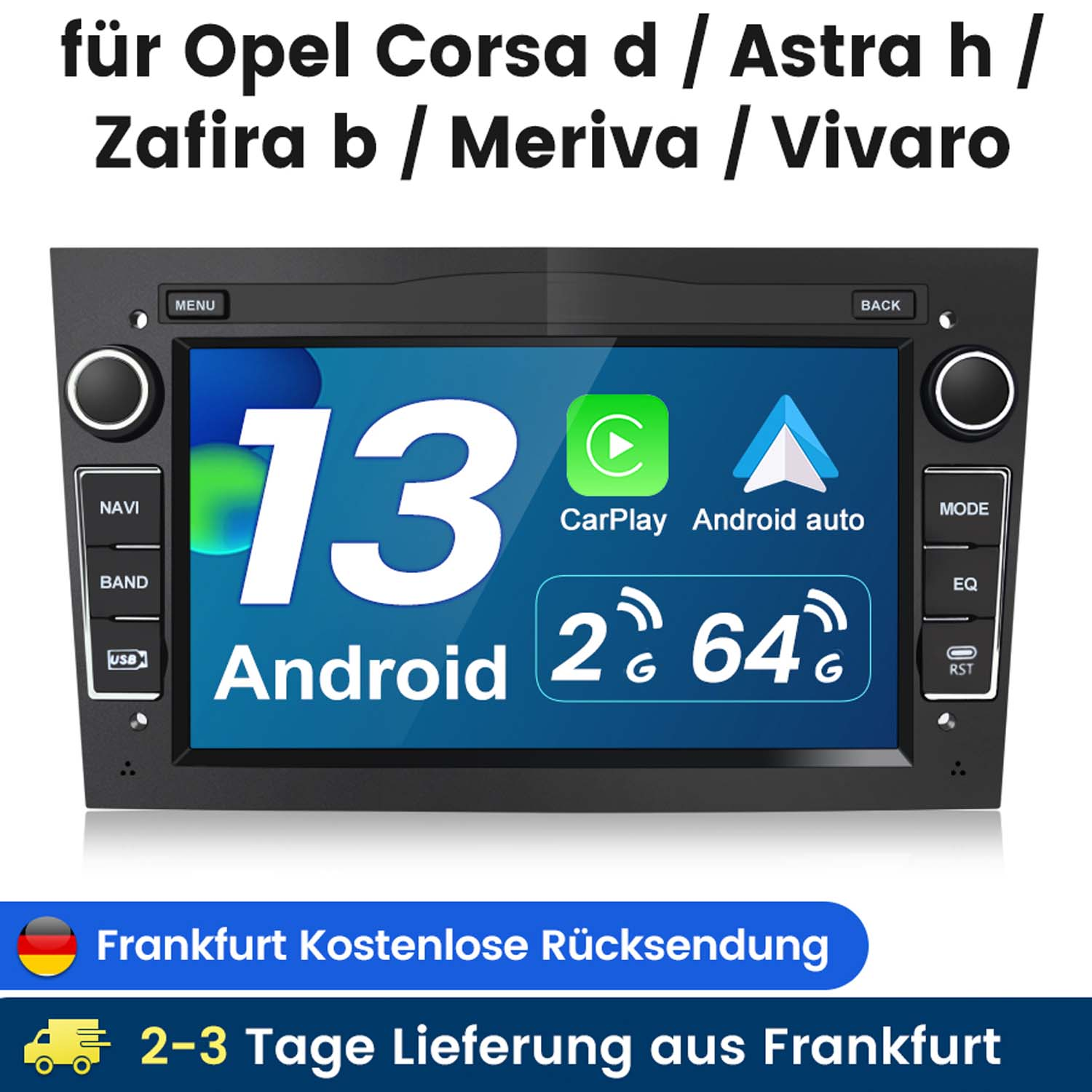 Autoradio mit Android-Bildschirm, Knöpfen und Logos. Text oben und unten.