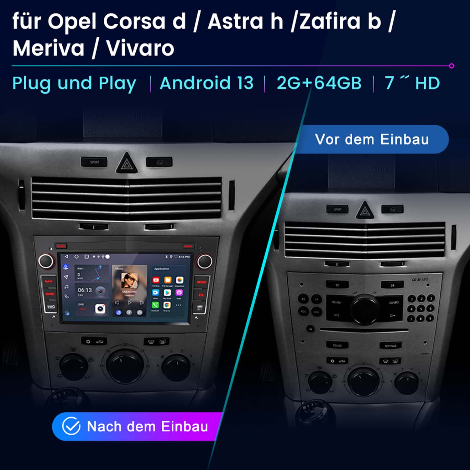 Autoradio-Bildschirm mit Vorher- und Nachher-Installationsbildern, Text auf Englisch, im Auto.