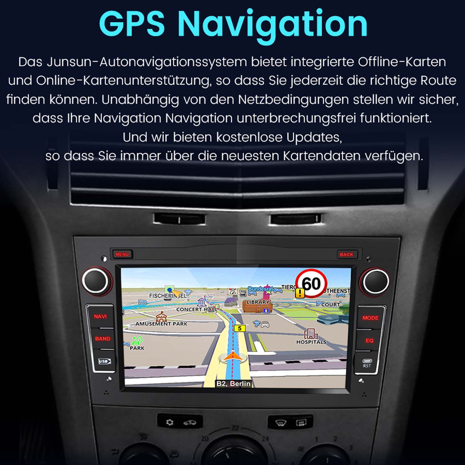 Bildschirm des Navigationssystems im Auto. Zeigt eine Karte mit Textüberlagerung an. Text: GPS-Navigation und andere Details.