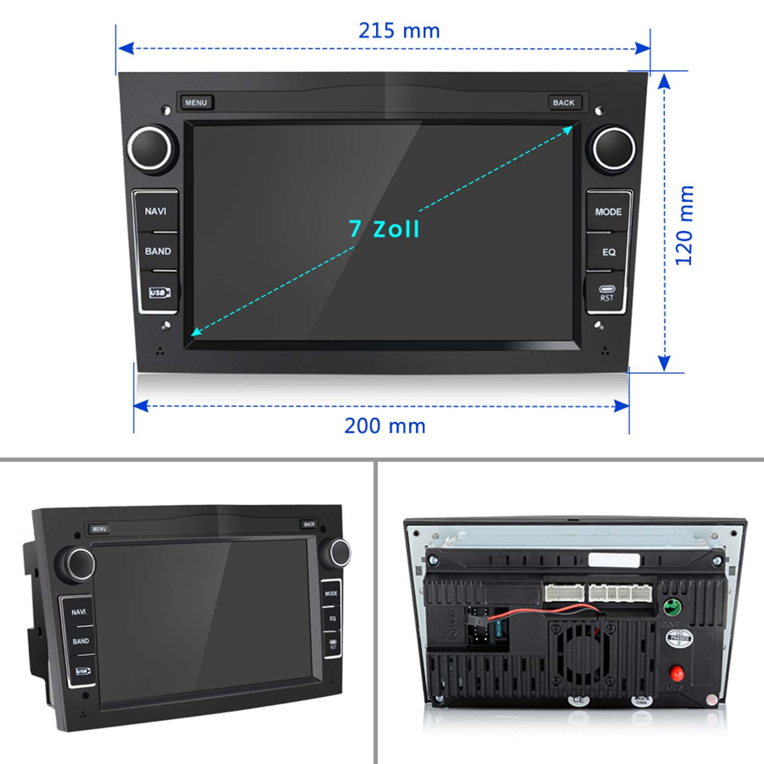 Autoradio mit 7-Zoll-Bildschirm, Abmessungen angegeben, Navigationstasten.