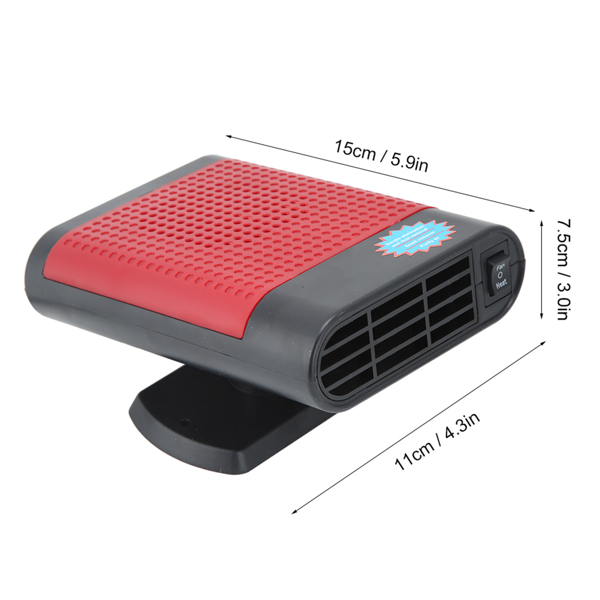 Eine rot-schwarze Autoheizung. Sie hat einen Ventilator, einen Netzschalter und Maßangaben.
