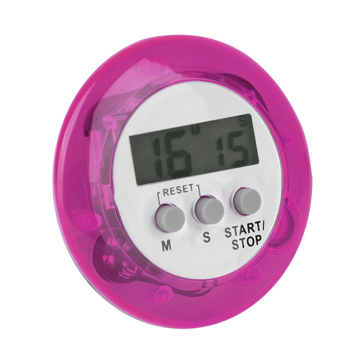 Ein rosa Timer mit digitaler Anzeige 16:15 und drei grauen Tasten: M, S, START/STOP.