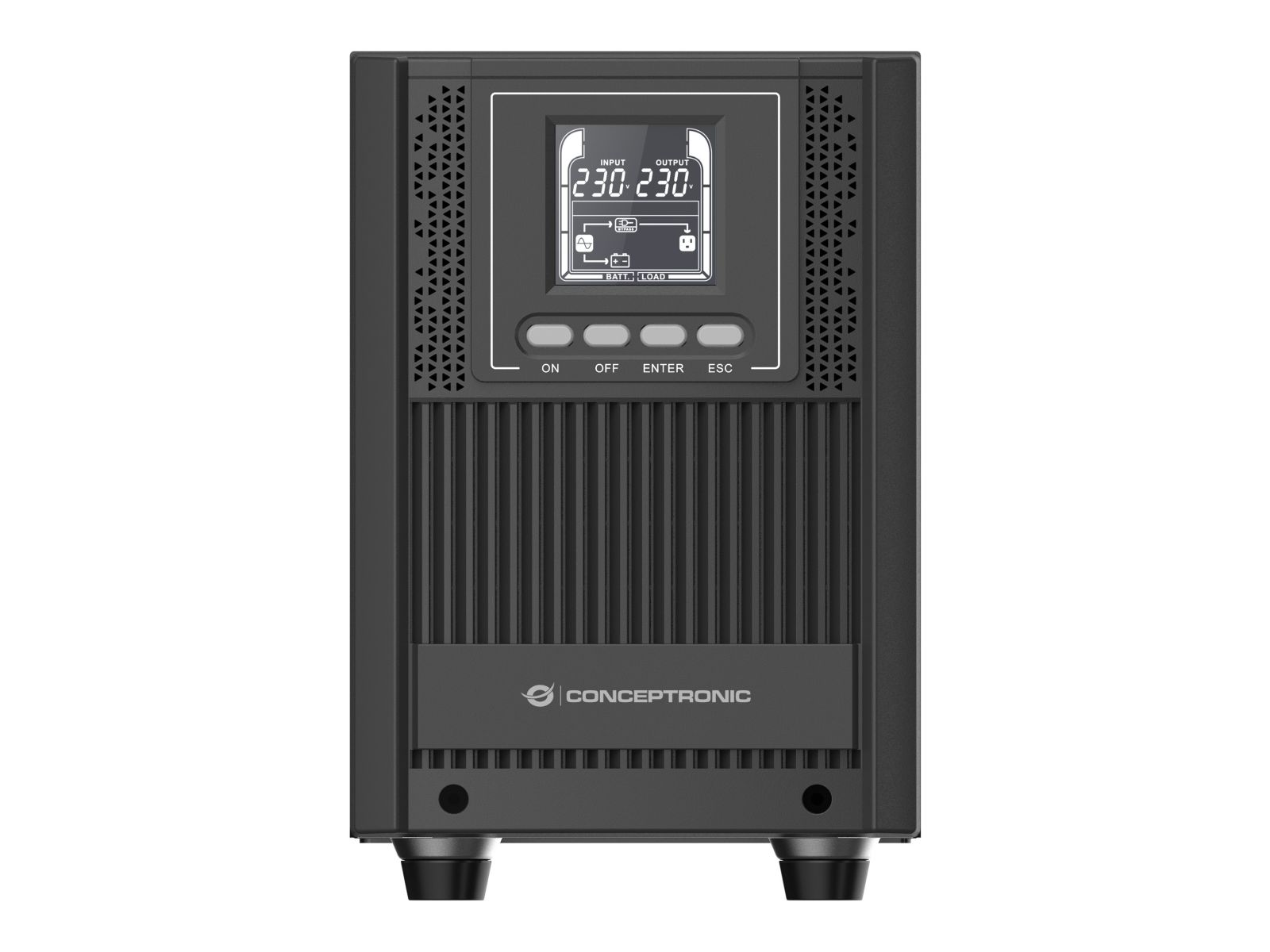 Gruppo di continuità nero con display digitale, pulsanti e sfondo bianco.