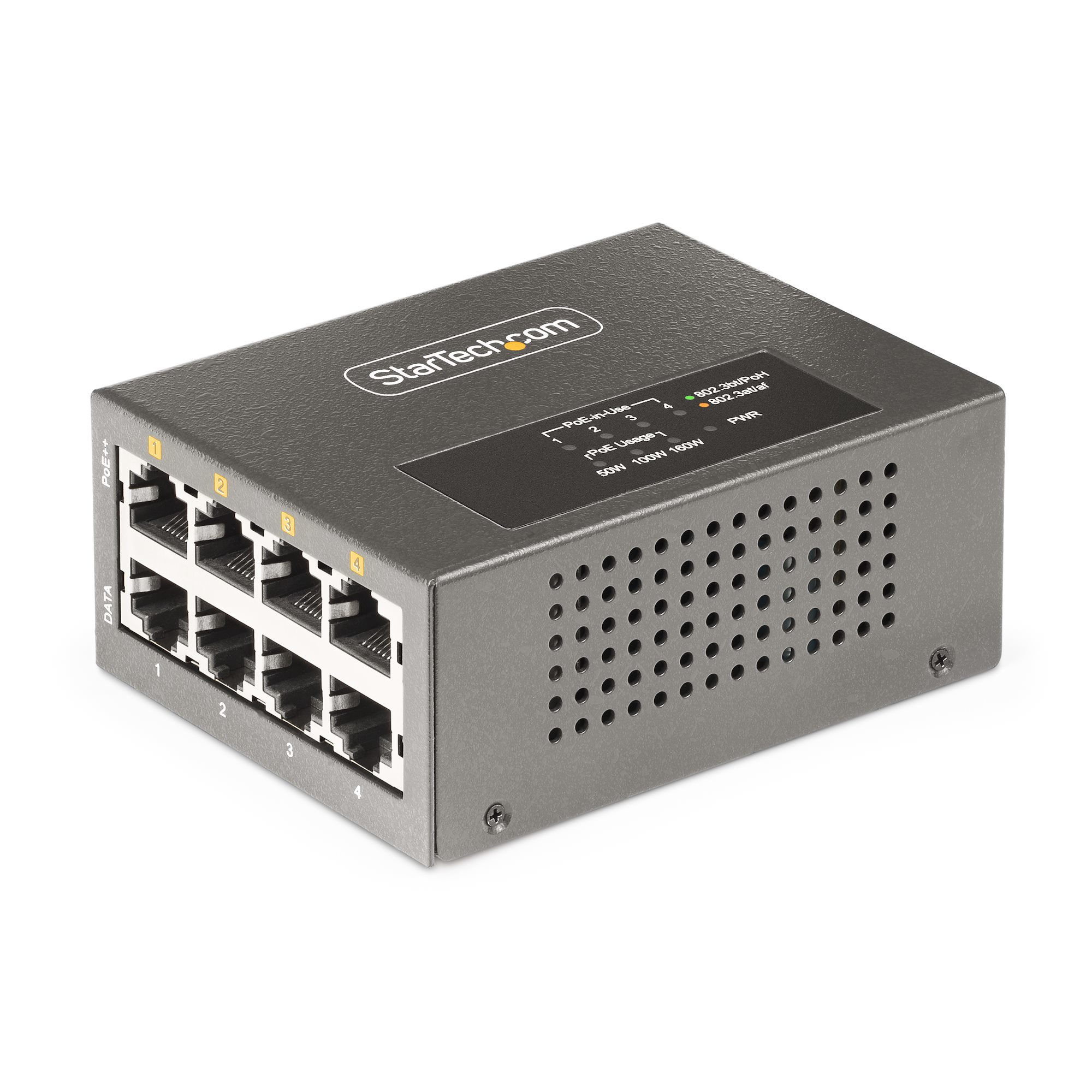 Ein schwarzer Netzwerk-Switch mit mehreren Anschlüssen und einem StarTech.com-Logo.
