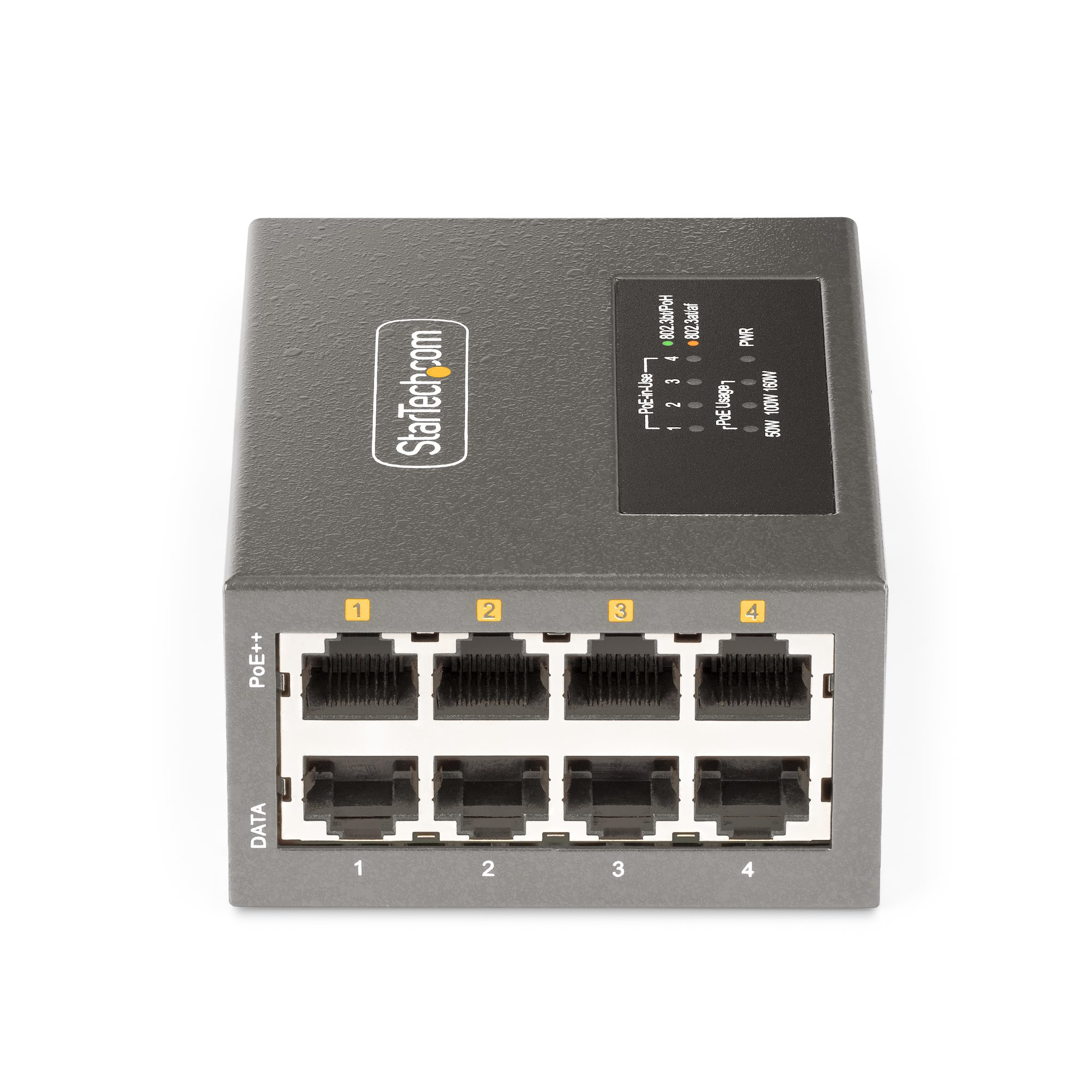 Grauer Netzwerk-Switch mit 4 Ports, PoE++ gekennzeichnet, und einer Stromanzeige.