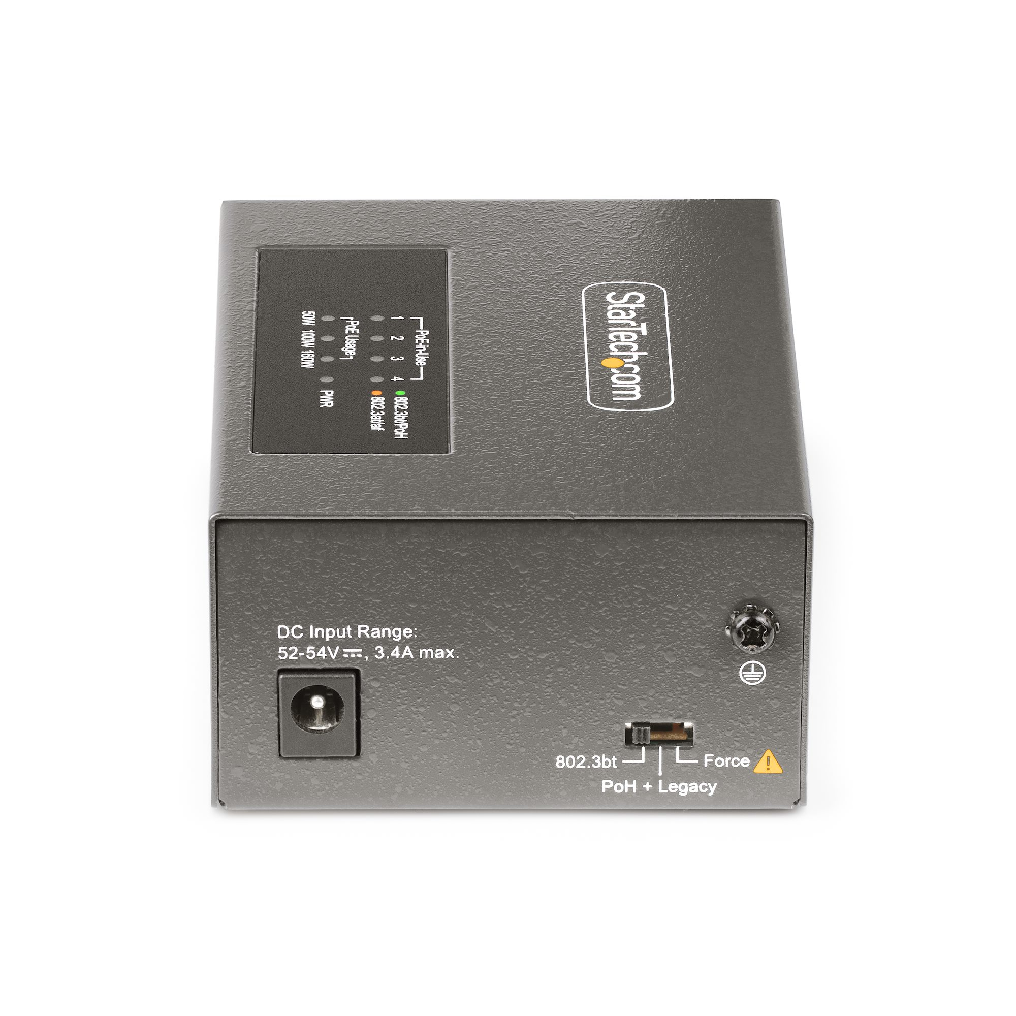 Ein schwarzes elektronisches Gerät mit Stromeingang und Statusleuchten auf weißem Hintergrund.