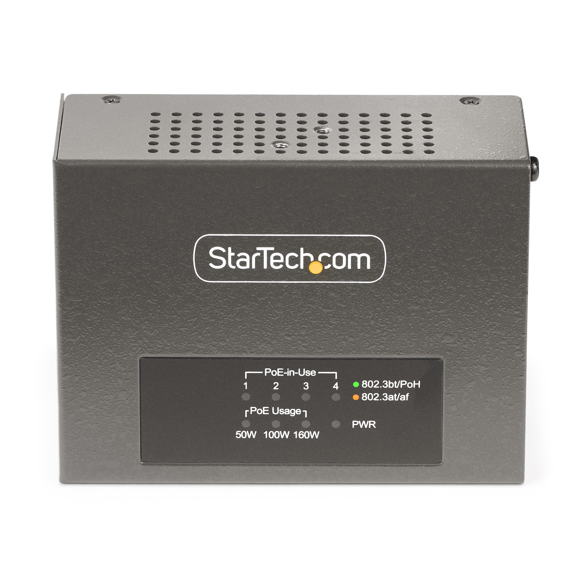 Schwarzer PoE-Injektor mit StarTech.com-Logo. Hat mehrere Anschlüsse und LED-Anzeigen.